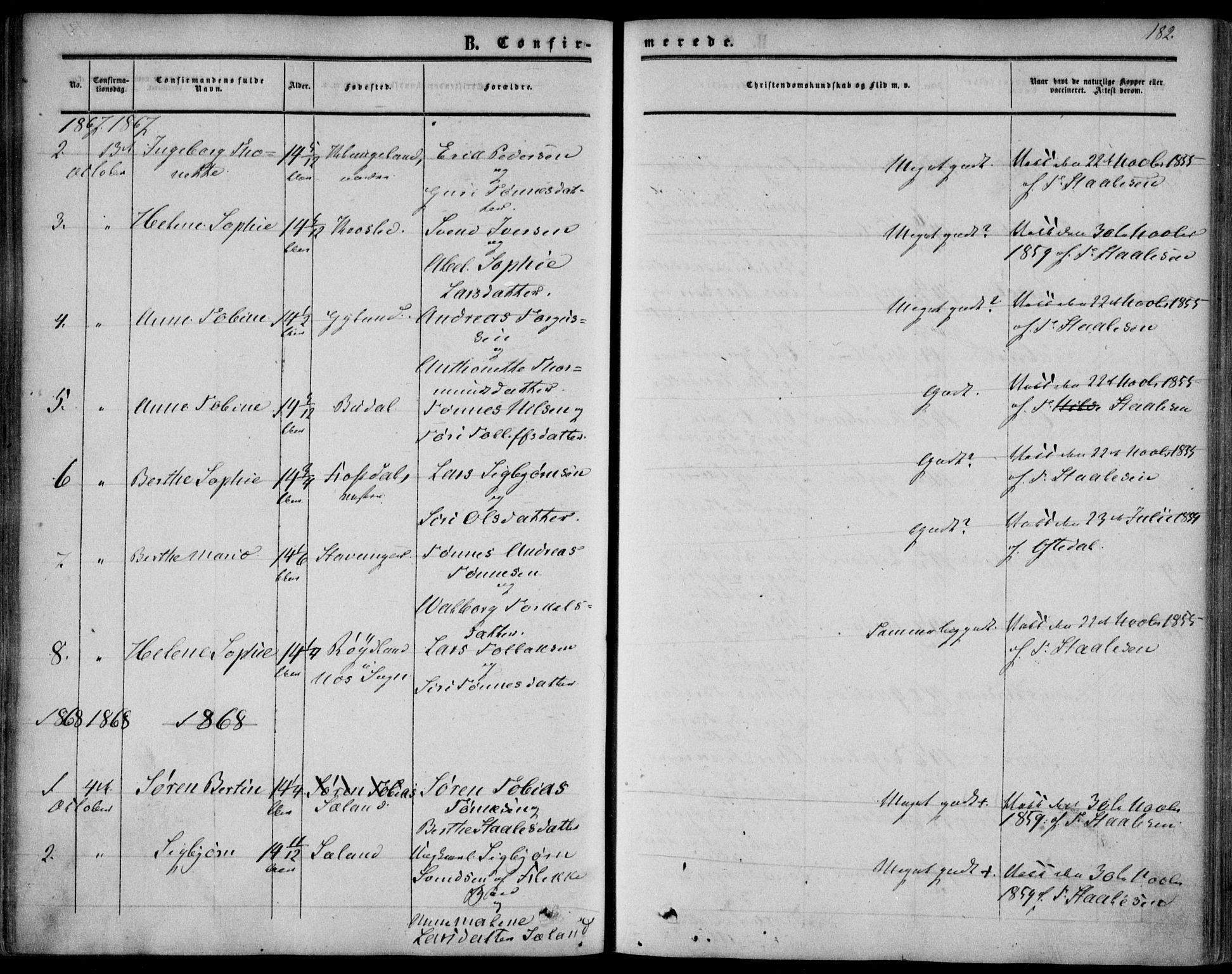 Bakke sokneprestkontor, SAK/1111-0002/F/Fa/Fab/L0002: Parish register (official) no. A 2, 1855-1884, p. 182