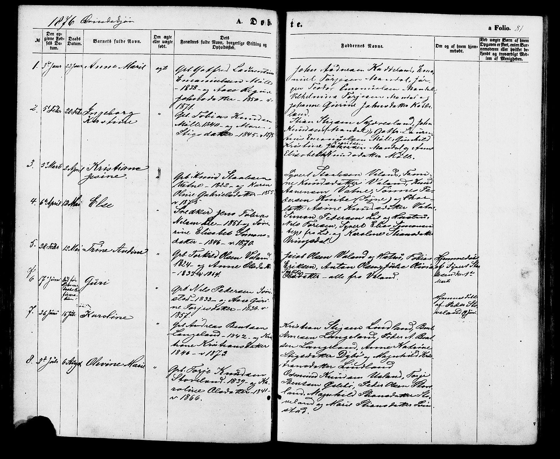 Holum sokneprestkontor, AV/SAK-1111-0022/F/Fa/Faa/L0006: Parish register (official) no. A 6, 1865-1883, p. 81