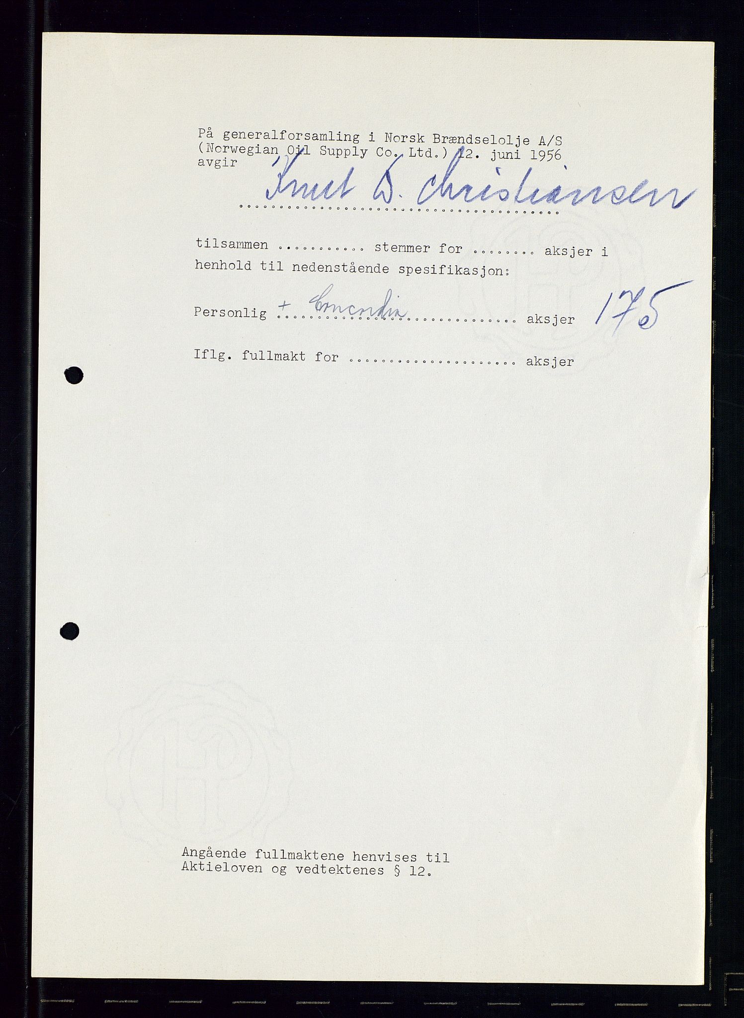 PA 1544 - Norsk Brændselolje A/S, AV/SAST-A-101965/1/A/Aa/L0007/0003: Generalforsamling / Generalforsamling 1956, ekstraordinær generalforsamling 1957, 1956-1957, p. 98