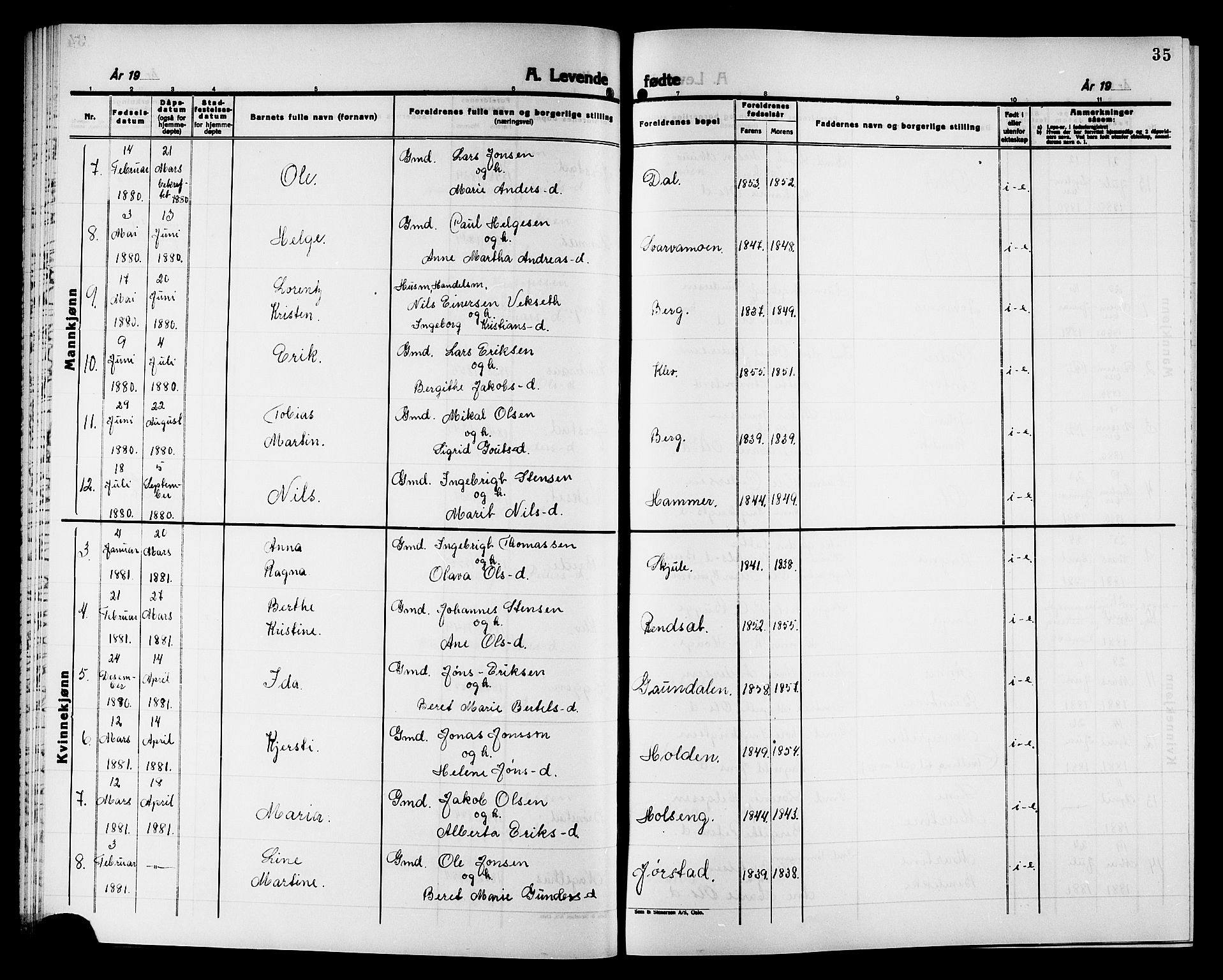 Ministerialprotokoller, klokkerbøker og fødselsregistre - Nord-Trøndelag, AV/SAT-A-1458/749/L0486: Parish register (official) no. 749D02, 1873-1887, p. 35