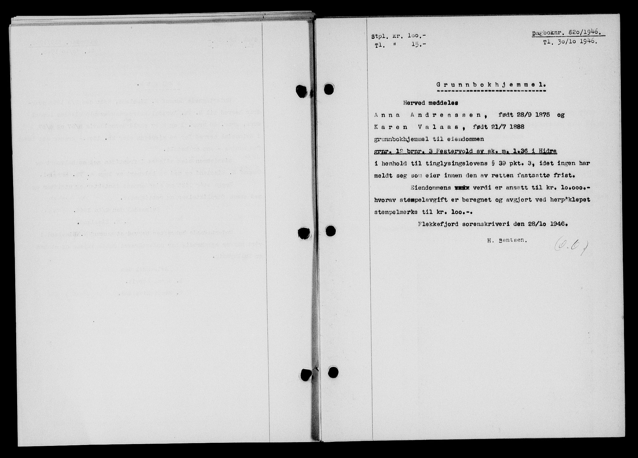 Flekkefjord sorenskriveri, AV/SAK-1221-0001/G/Gb/Gba/L0061: Mortgage book no. A-9, 1946-1947, Diary no: : 820/1946