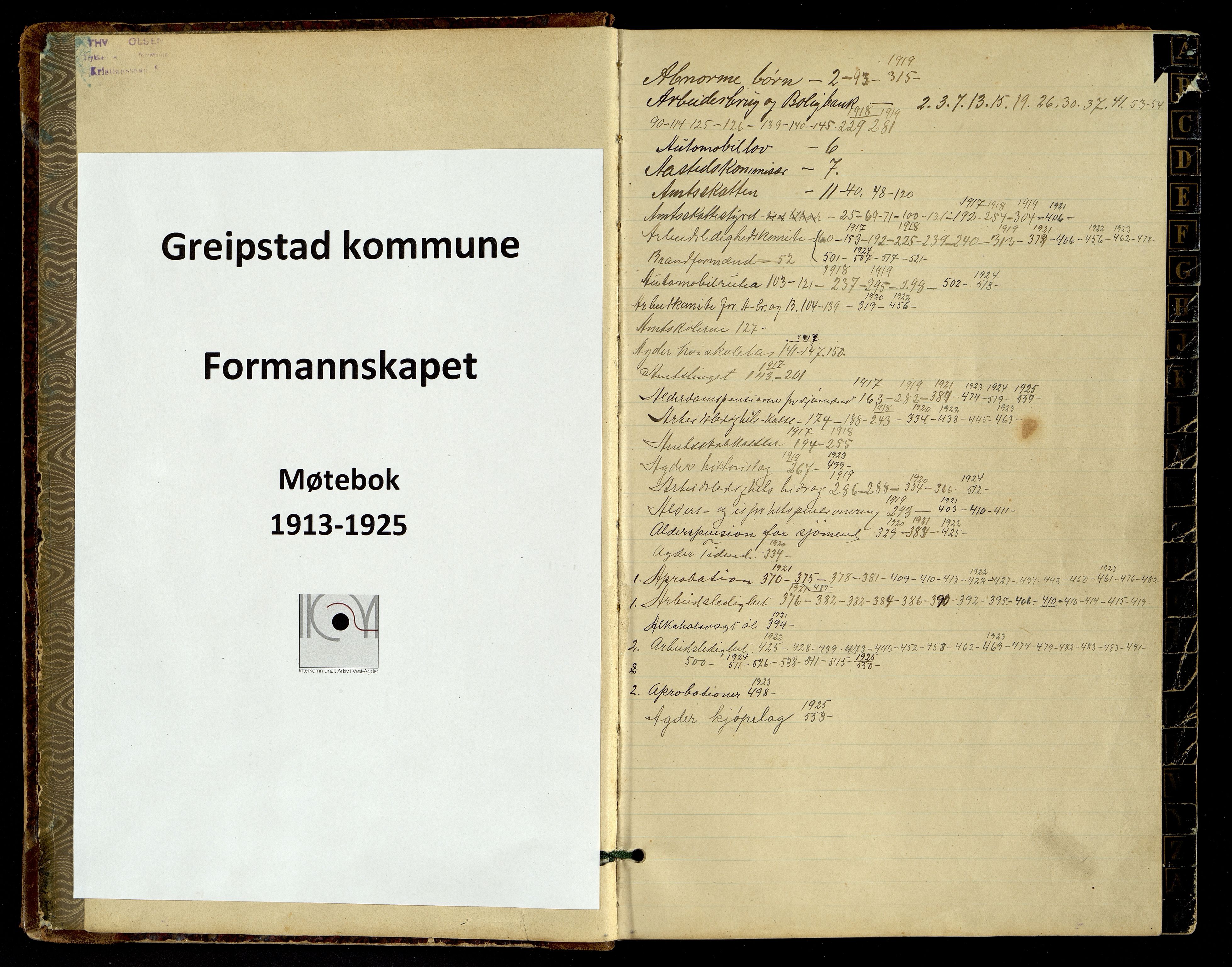 Greipstad kommune - Formannskapet/ Kommunestyret, IKAV/1017GR120/A/L0001: Møtebok, 1913-1925