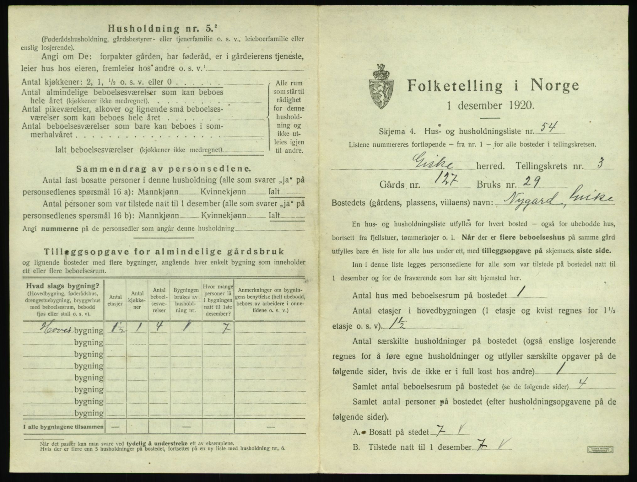 SAT, 1920 census for Giske, 1920, p. 274