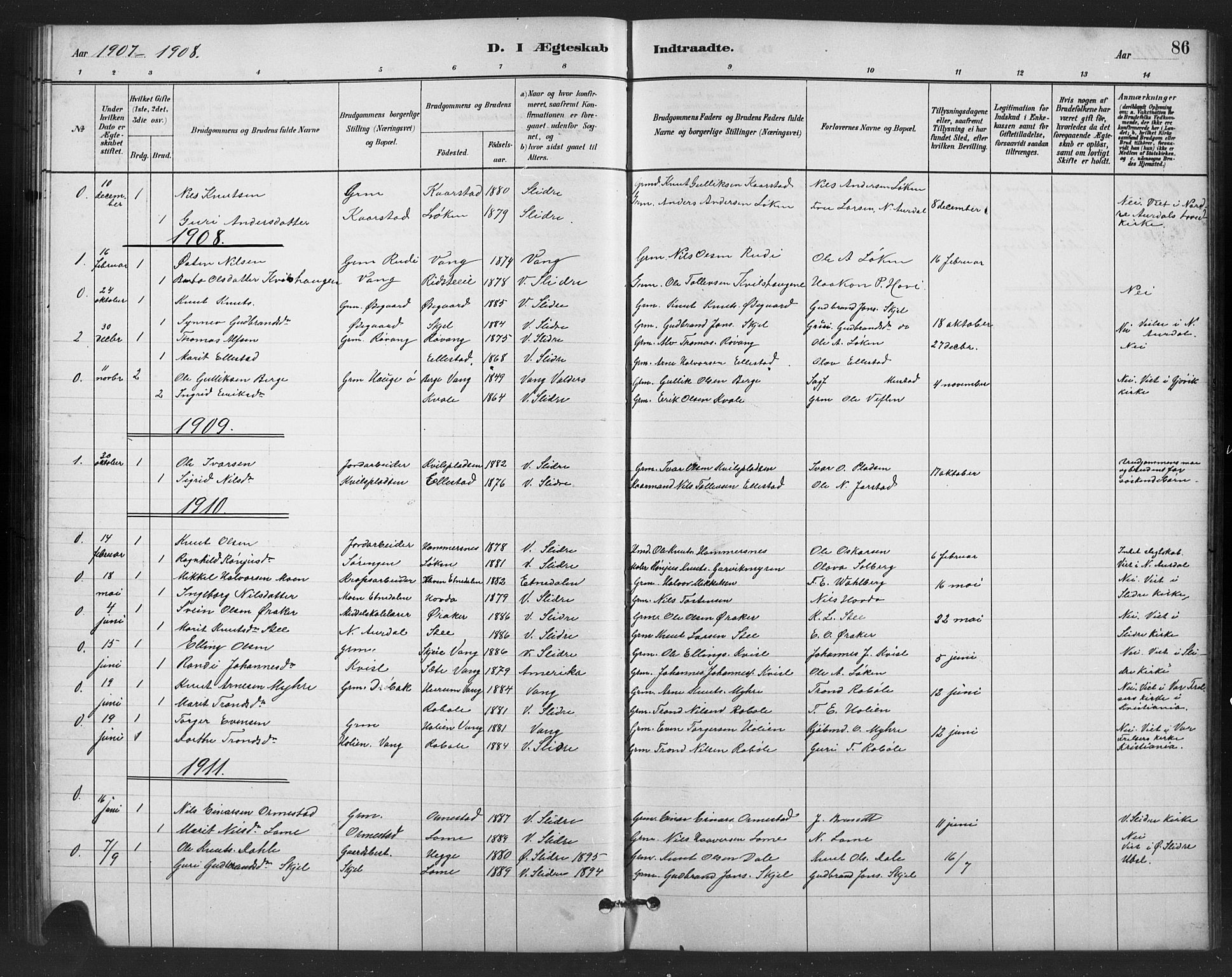 Vestre Slidre prestekontor, SAH/PREST-136/H/Ha/Hab/L0006: Parish register (copy) no. 6, 1881-1915, p. 86