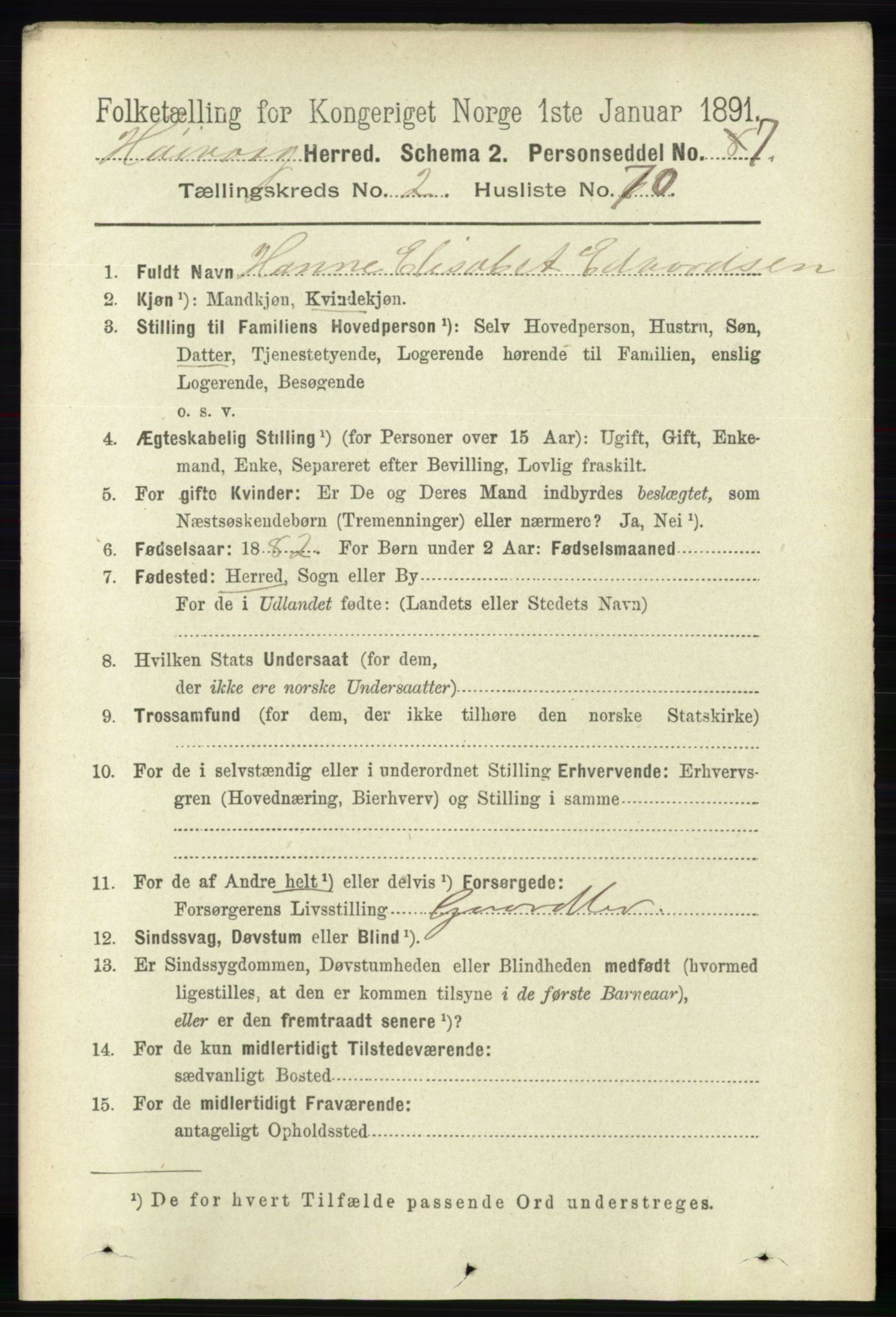 RA, 1891 census for 0927 Høvåg, 1891, p. 910