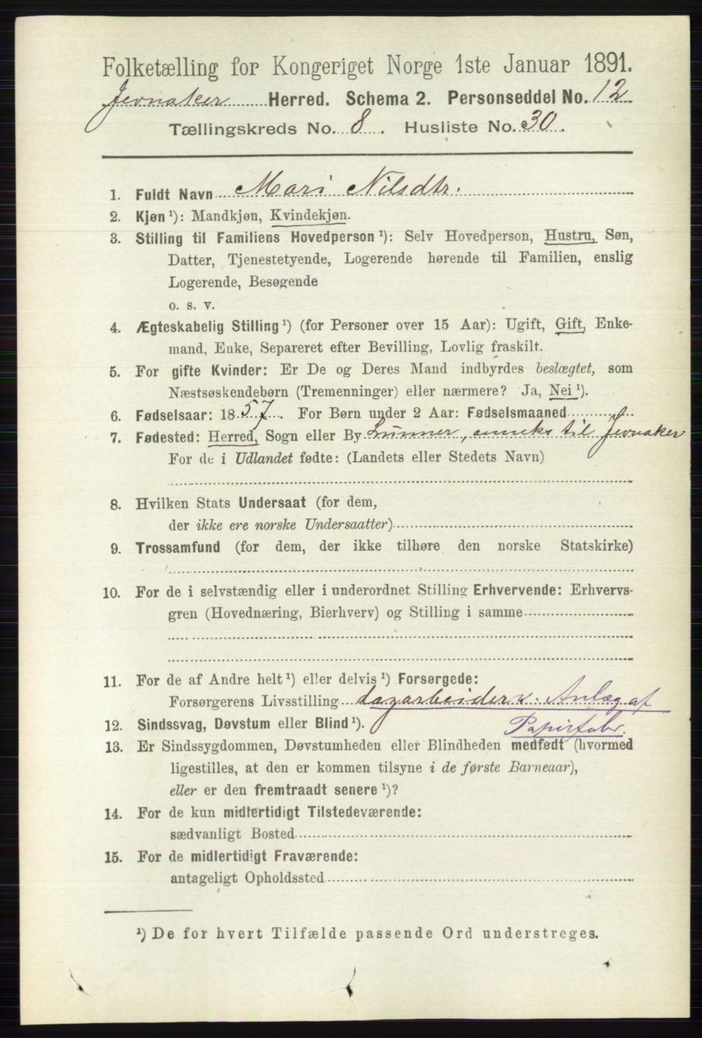 RA, 1891 census for 0532 Jevnaker, 1891, p. 4518