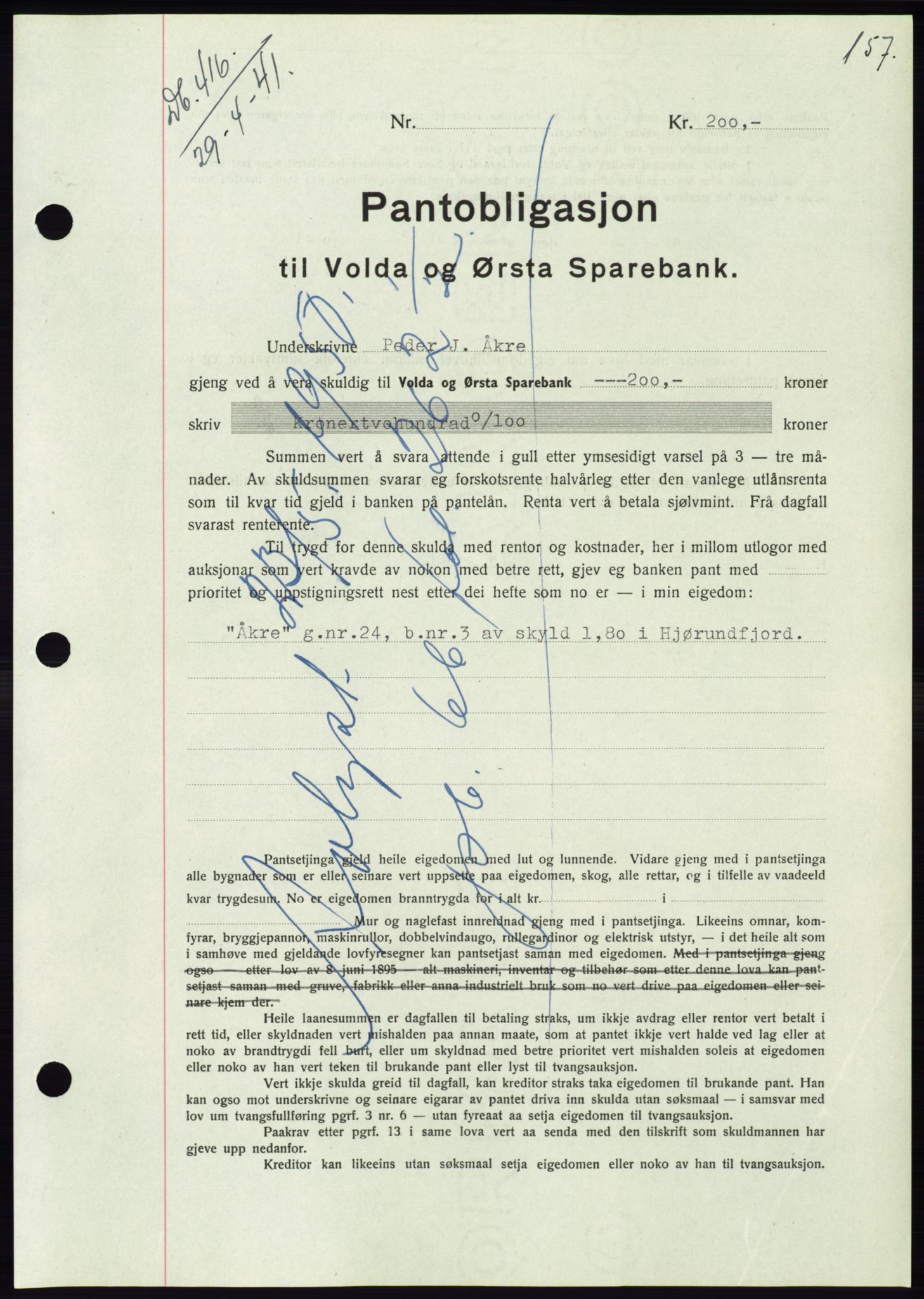 Søre Sunnmøre sorenskriveri, AV/SAT-A-4122/1/2/2C/L0071: Mortgage book no. 65, 1941-1941, Diary no: : 416/1941