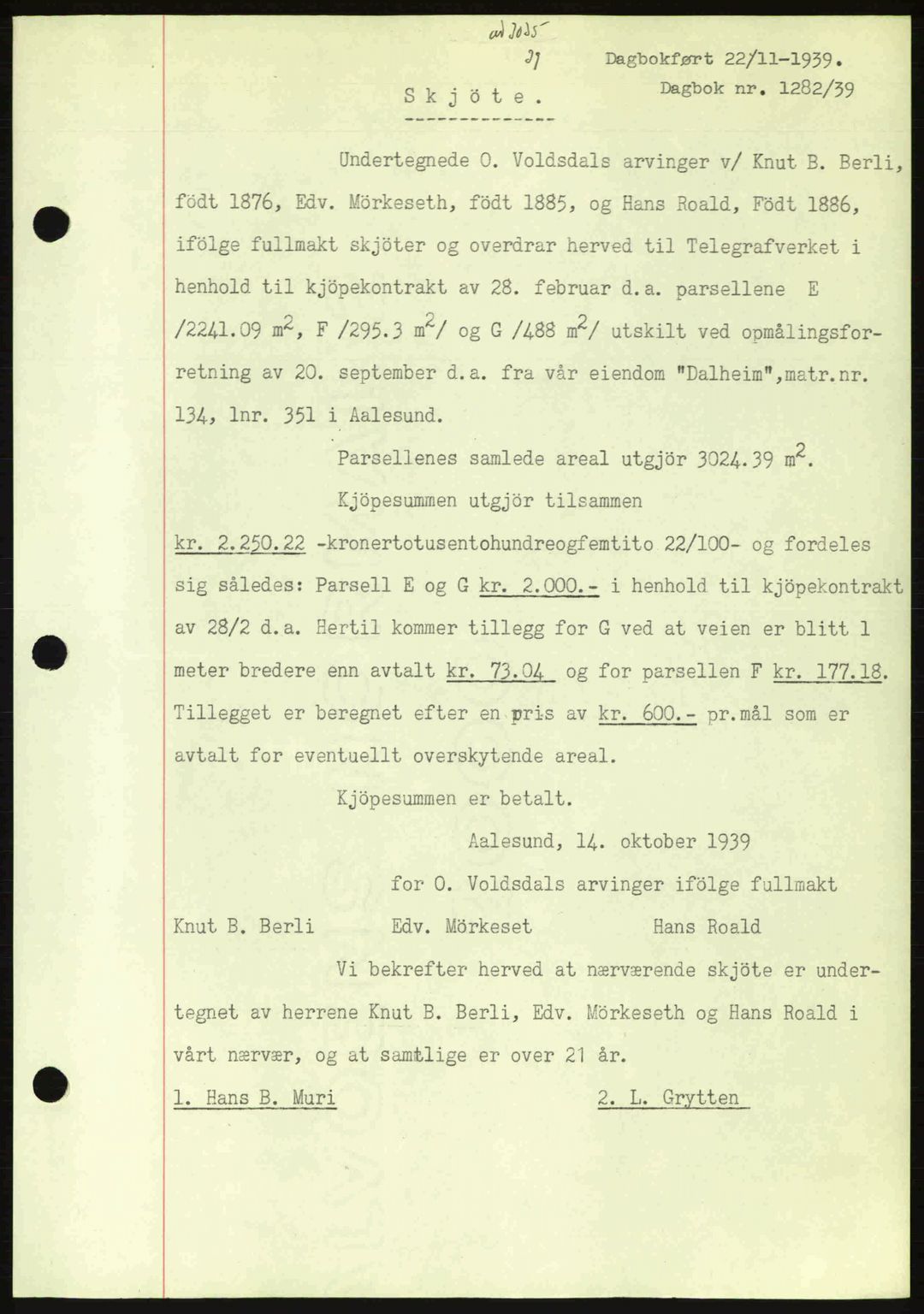 Ålesund byfogd, AV/SAT-A-4384: Mortgage book no. 34 II, 1938-1940, Diary no: : 1282/1939