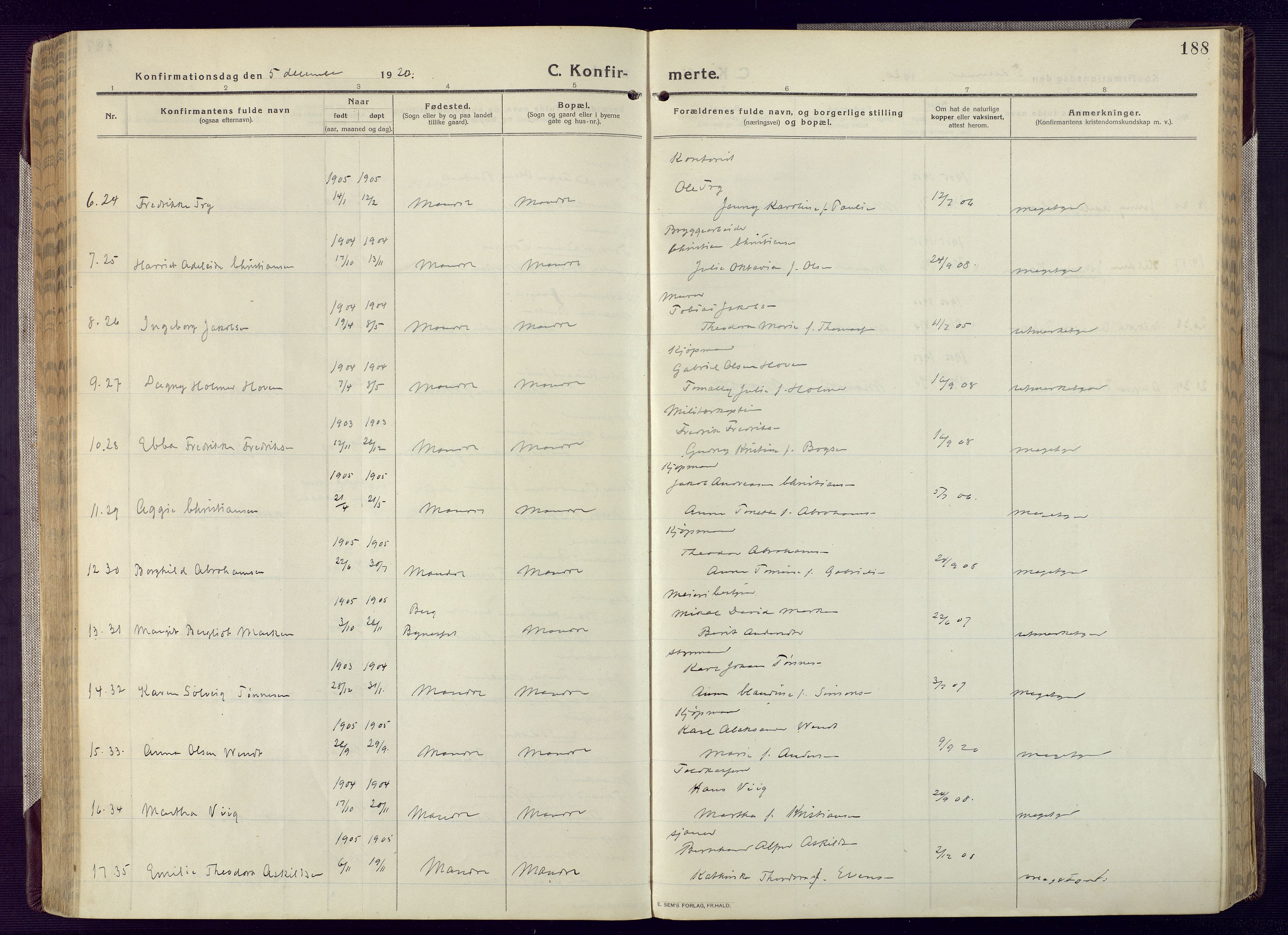 Mandal sokneprestkontor, AV/SAK-1111-0030/F/Fa/Fac/L0001: Parish register (official) no. A 1, 1913-1925, p. 188