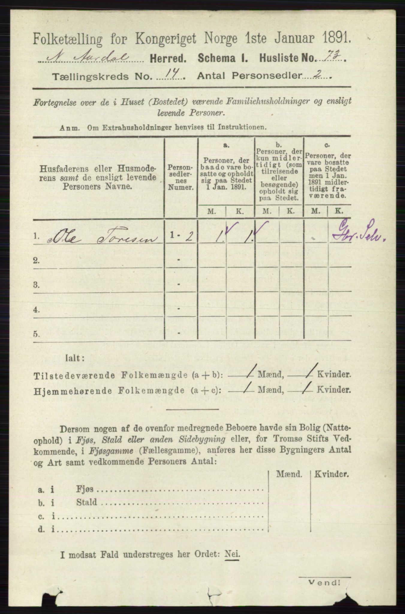 RA, 1891 census for 0542 Nord-Aurdal, 1891, p. 5209