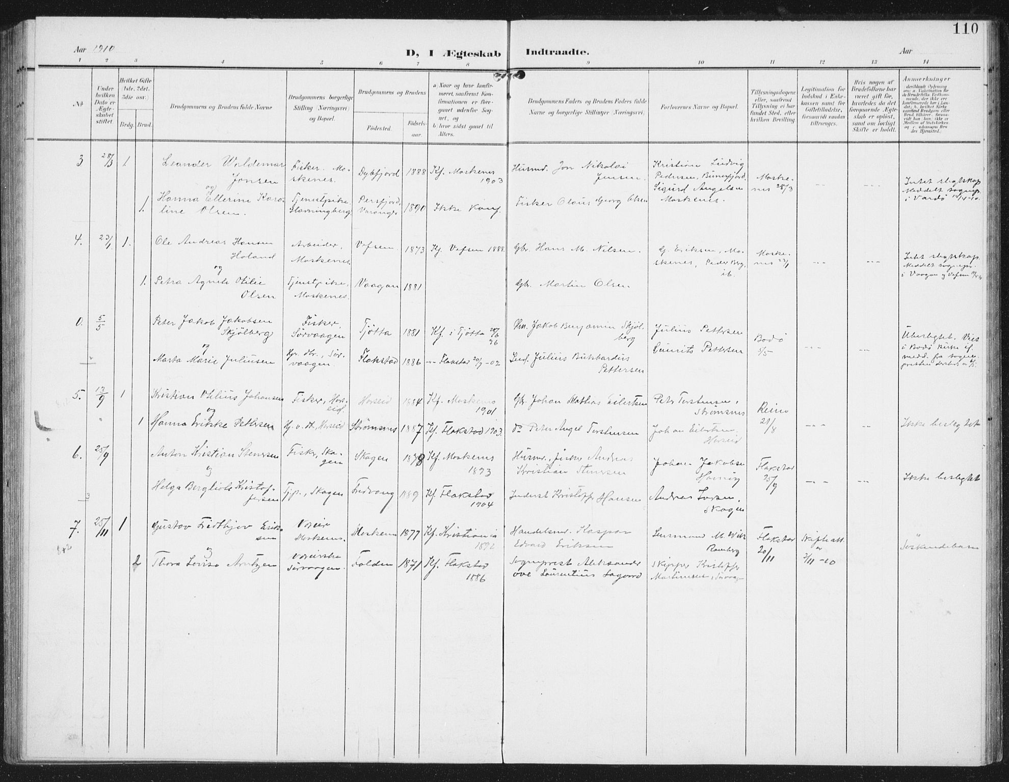 Ministerialprotokoller, klokkerbøker og fødselsregistre - Nordland, AV/SAT-A-1459/886/L1221: Parish register (official) no. 886A03, 1903-1913, p. 110