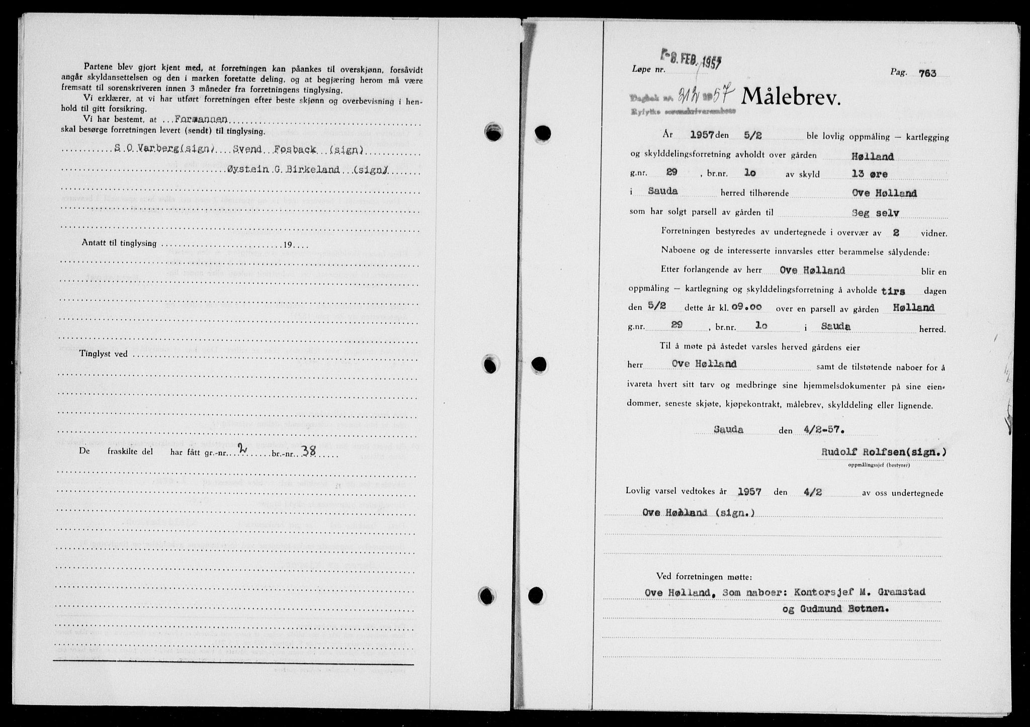 Ryfylke tingrett, SAST/A-100055/001/II/IIB/L0135: Mortgage book no. 114, 1956-1957, Diary no: : 212/1957