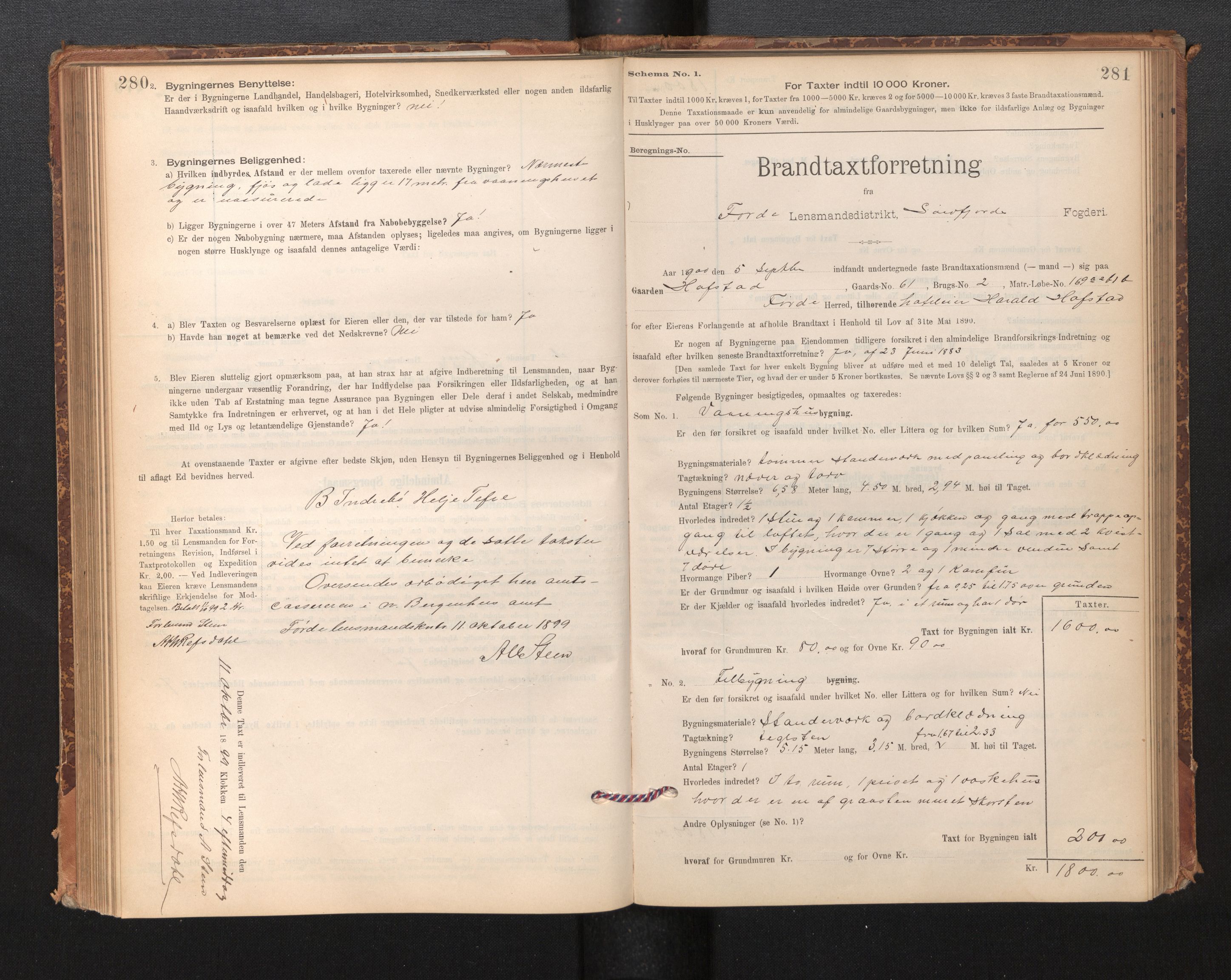 Lensmannen i Førde, SAB/A-27401/0012/L0008: Branntakstprotokoll, skjematakst, 1895-1922, p. 280-281