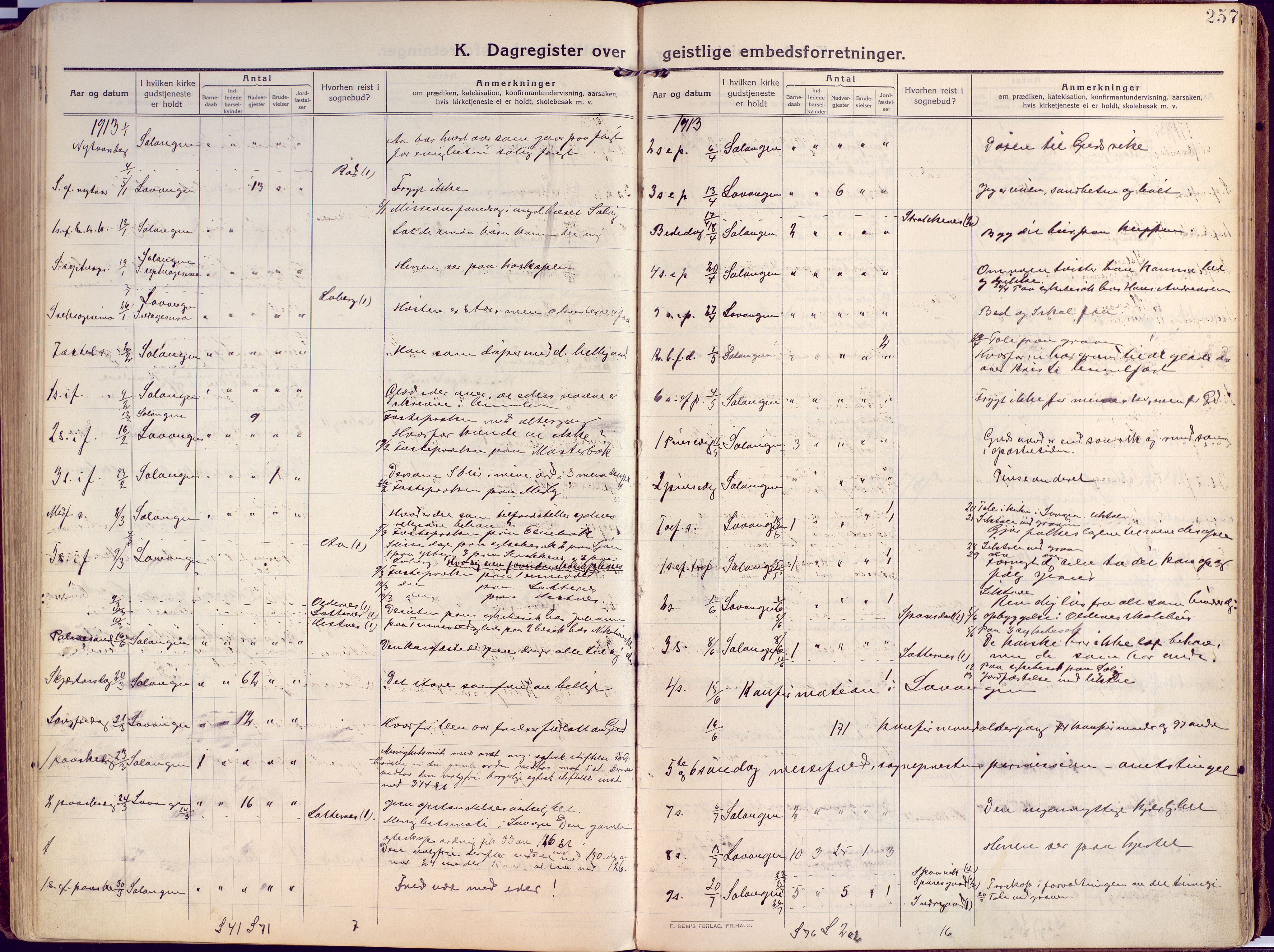 Salangen sokneprestembete, SATØ/S-1324/H/Ha/L0004kirke: Parish register (official) no. 4, 1912-1927, p. 257