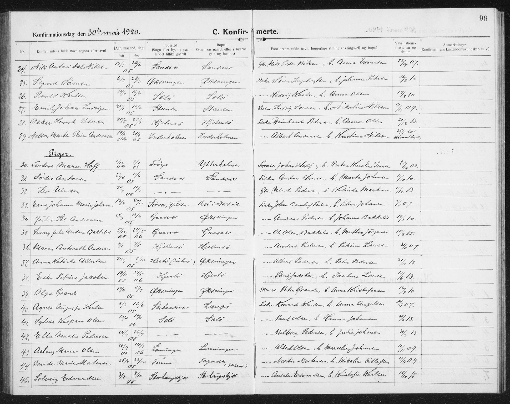 Ministerialprotokoller, klokkerbøker og fødselsregistre - Nordland, AV/SAT-A-1459/834/L0517: Parish register (copy) no. 834C07, 1919-1939, p. 99