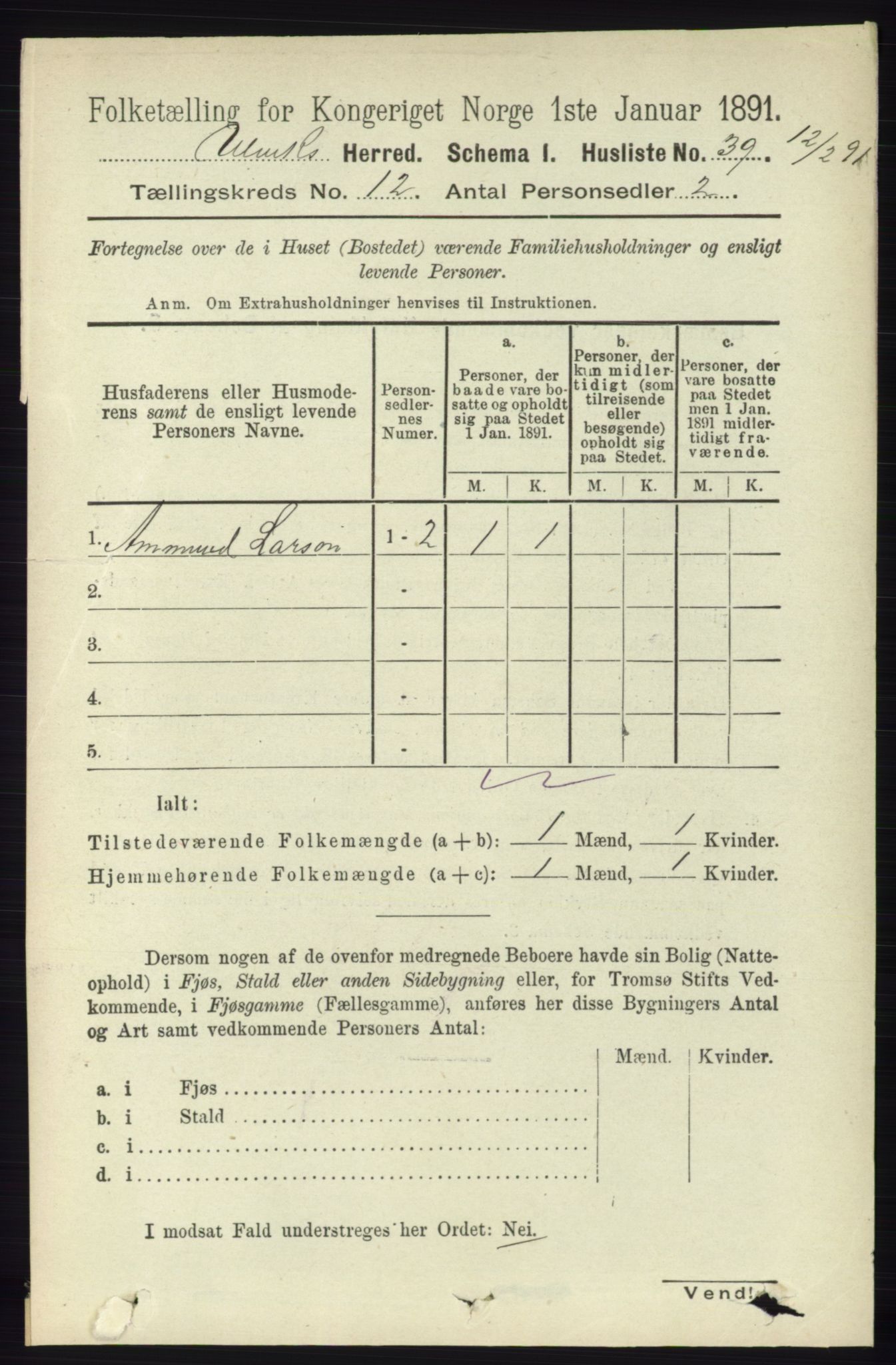 RA, 1891 census for 1233 Ulvik, 1891, p. 3641