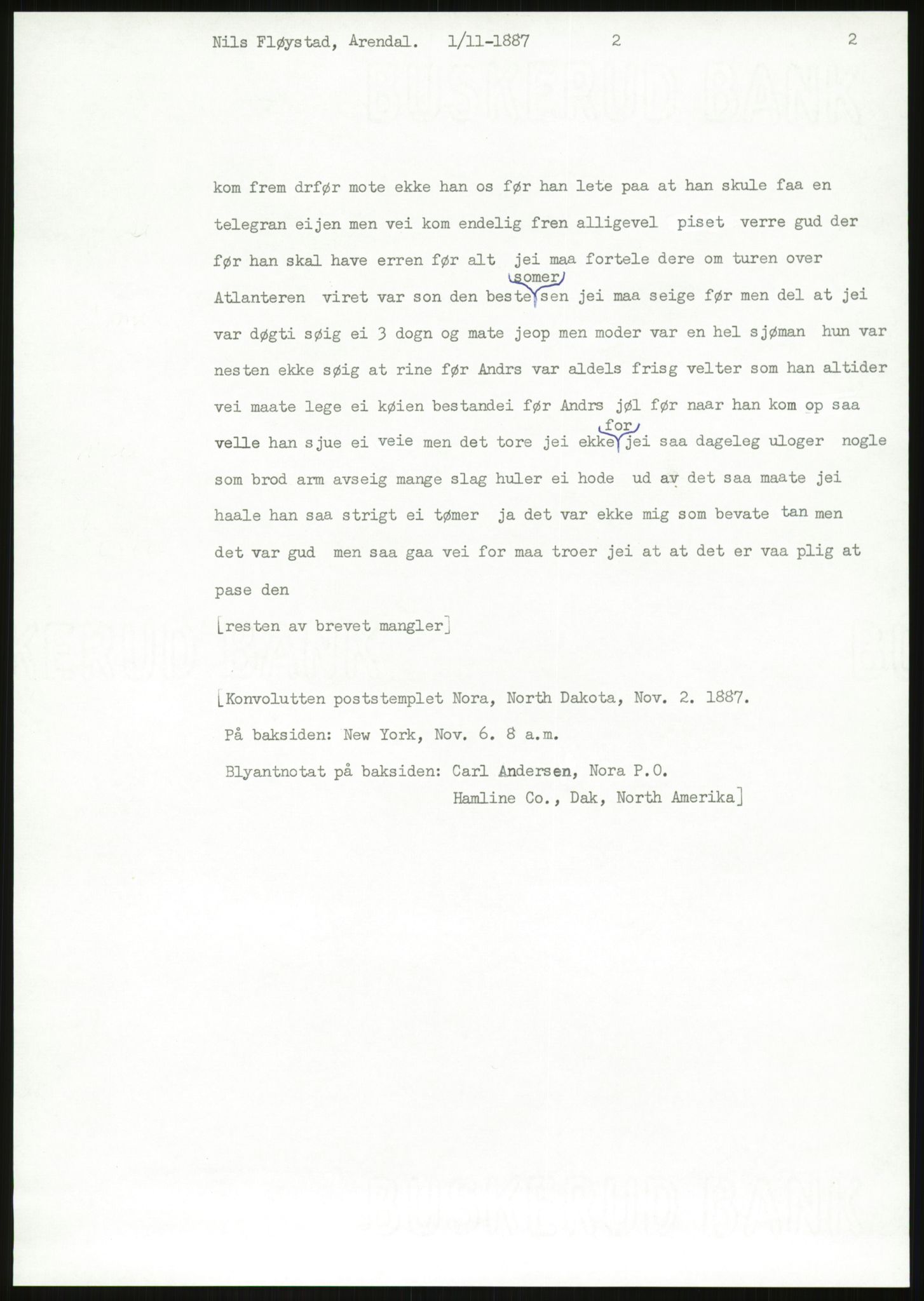 Samlinger til kildeutgivelse, Amerikabrevene, AV/RA-EA-4057/F/L0026: Innlån fra Aust-Agder: Aust-Agder-Arkivet - Erickson, 1838-1914, p. 919