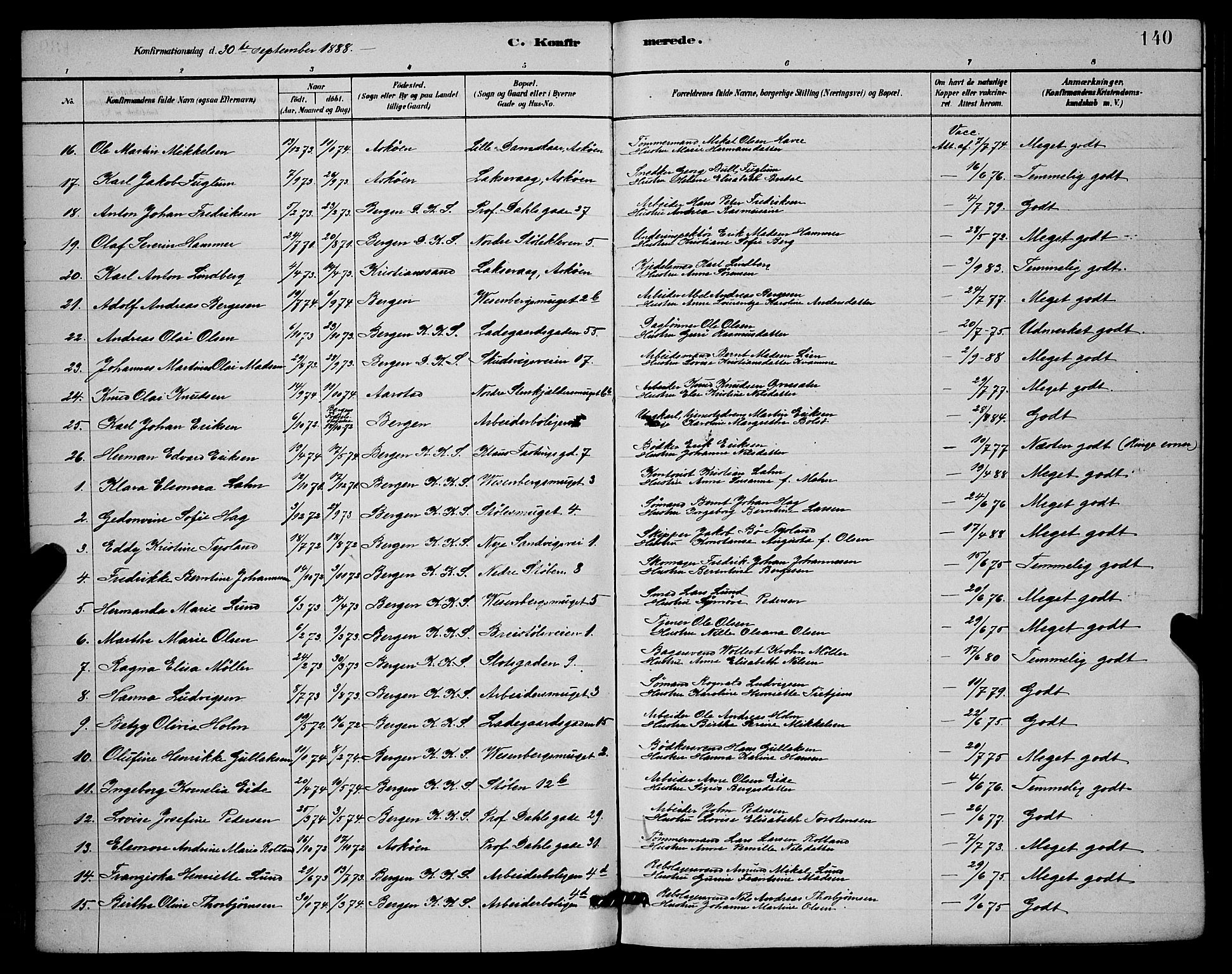 Mariakirken Sokneprestembete, AV/SAB-A-76901/H/Hab/L0004: Parish register (copy) no. A 4, 1878-1892, p. 140