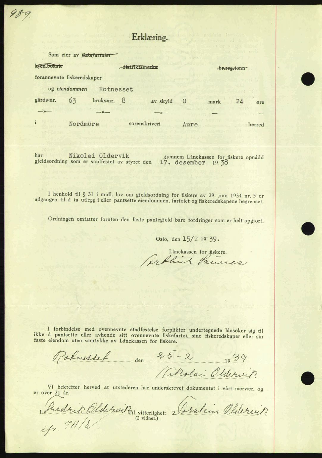 Nordmøre sorenskriveri, AV/SAT-A-4132/1/2/2Ca: Mortgage book no. B84, 1938-1939, Diary no: : 700/1939