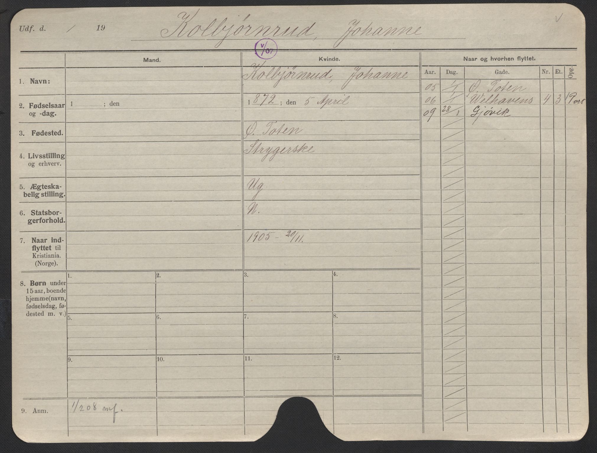 Oslo folkeregister, Registerkort, AV/SAO-A-11715/F/Fa/Fac/L0019: Kvinner, 1906-1914, p. 5a