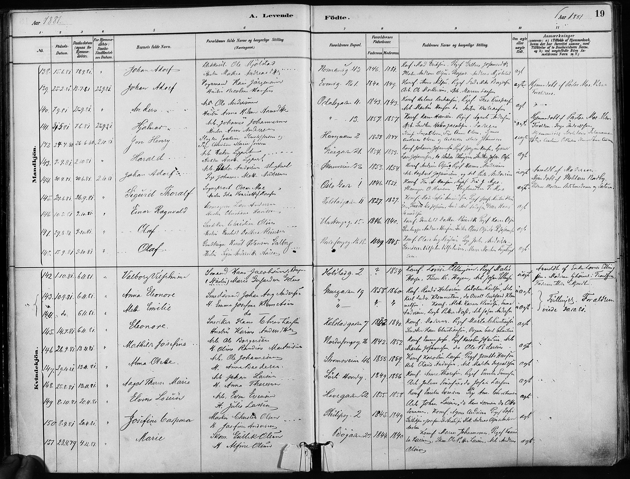 Kampen prestekontor Kirkebøker, AV/SAO-A-10853/F/Fa/L0001: Parish register (official) no. I 1, 1880-1886, p. 19