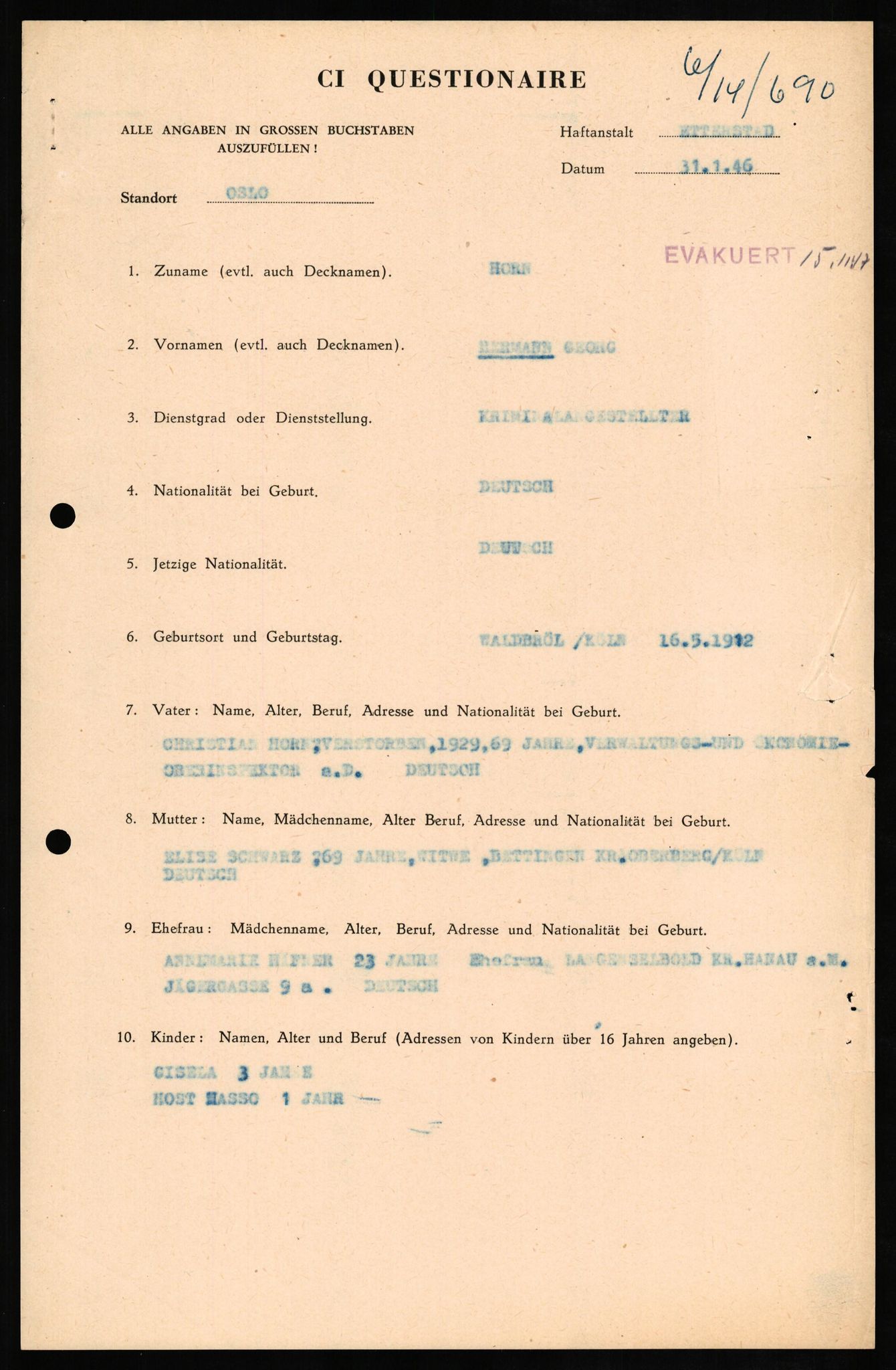 Forsvaret, Forsvarets overkommando II, RA/RAFA-3915/D/Db/L0014: CI Questionaires. Tyske okkupasjonsstyrker i Norge. Tyskere., 1945-1946, p. 21