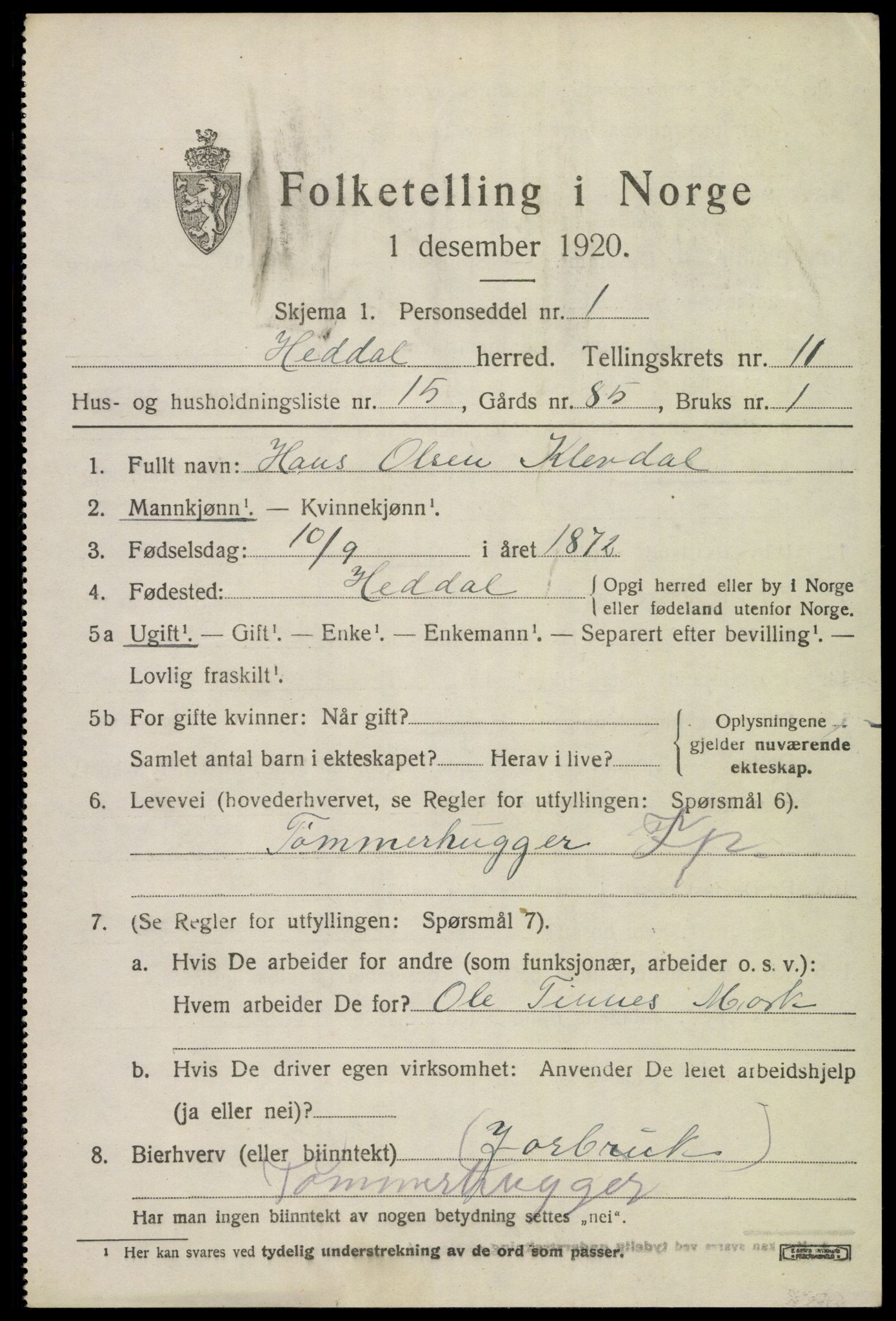 SAKO, 1920 census for Heddal, 1920, p. 7910