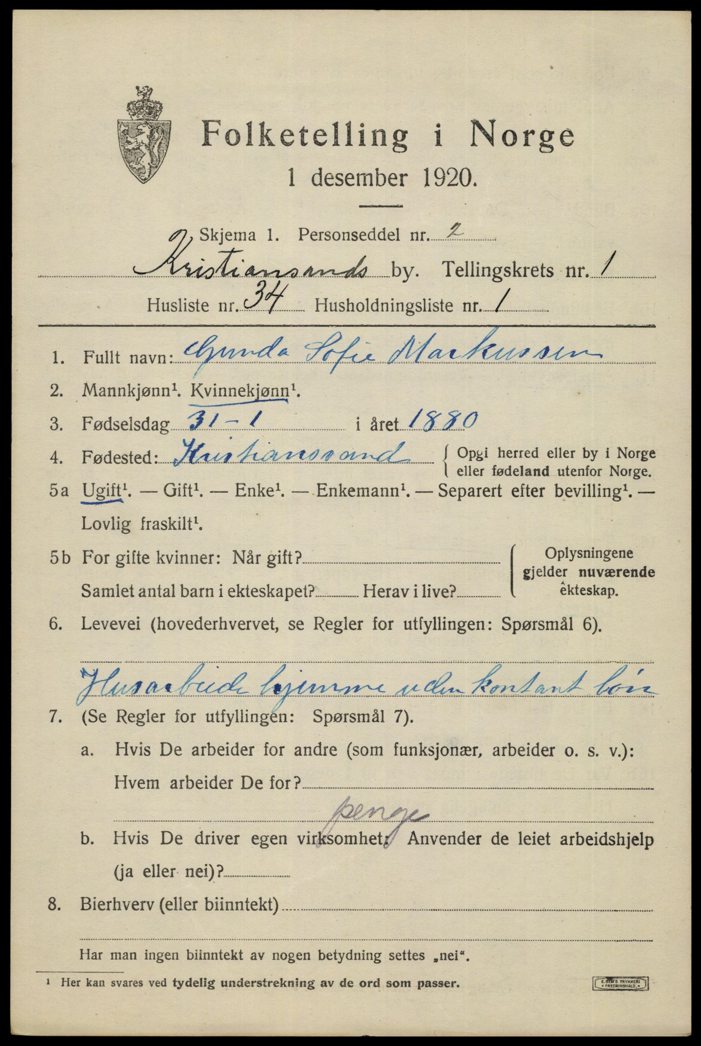 SAK, 1920 census for Kristiansand, 1920, p. 25299