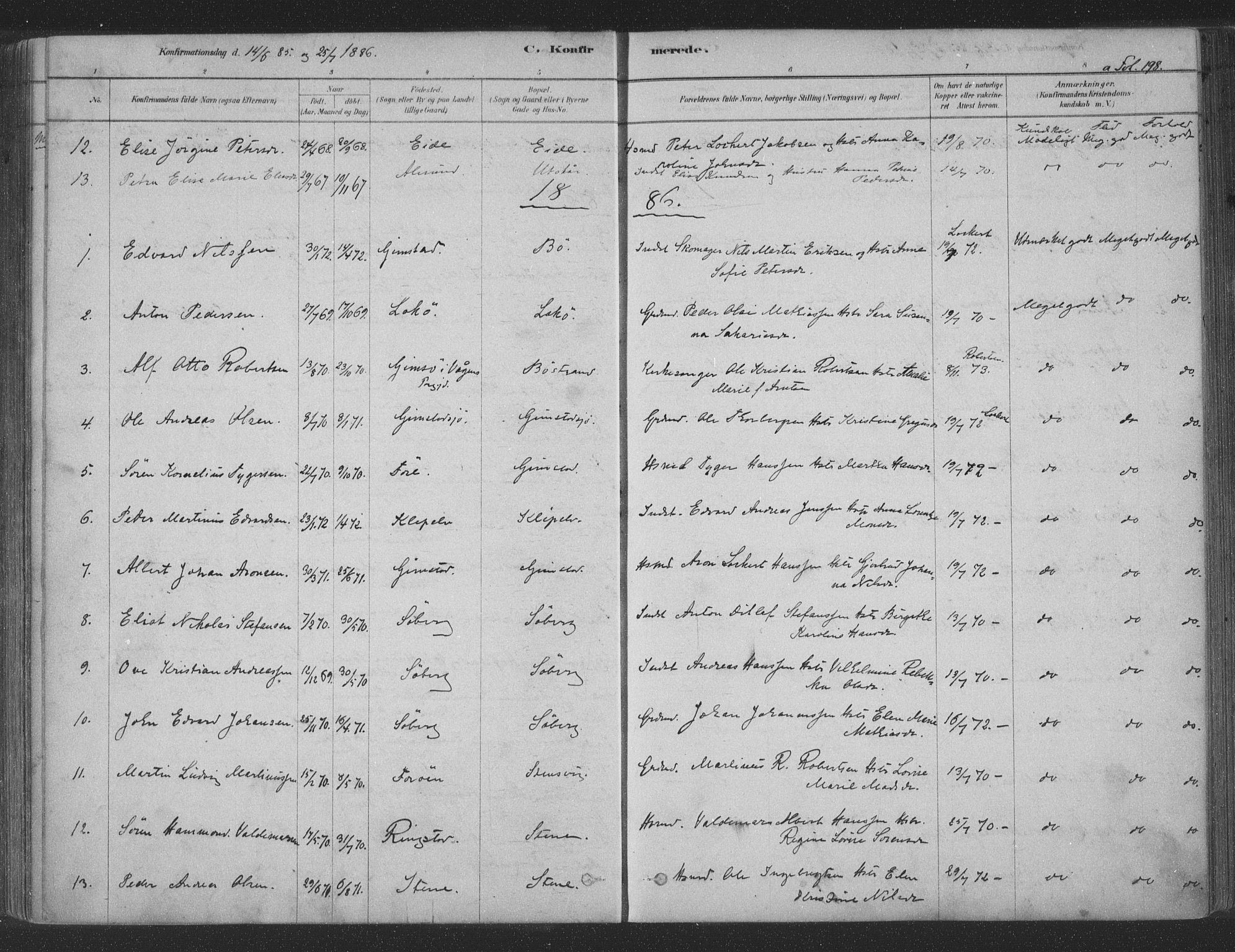 Ministerialprotokoller, klokkerbøker og fødselsregistre - Nordland, AV/SAT-A-1459/891/L1302: Parish register (official) no. 891A07, 1878-1895, p. 198