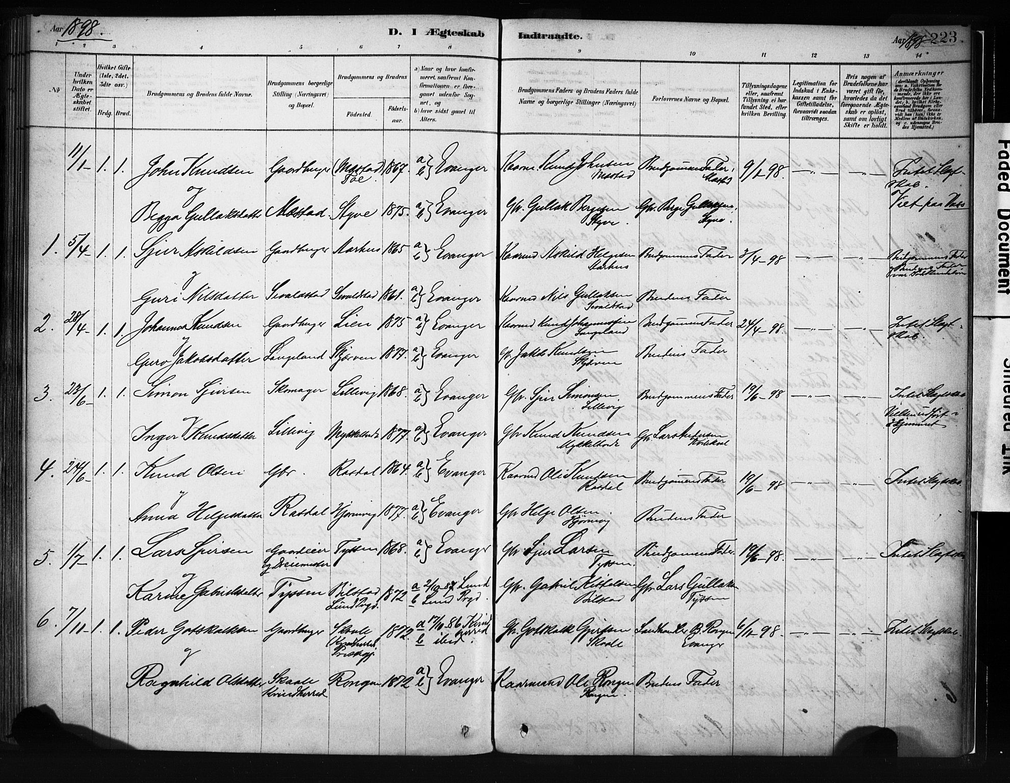Evanger sokneprestembete, SAB/A-99924: Parish register (official) no. A 1, 1877-1899, p. 223