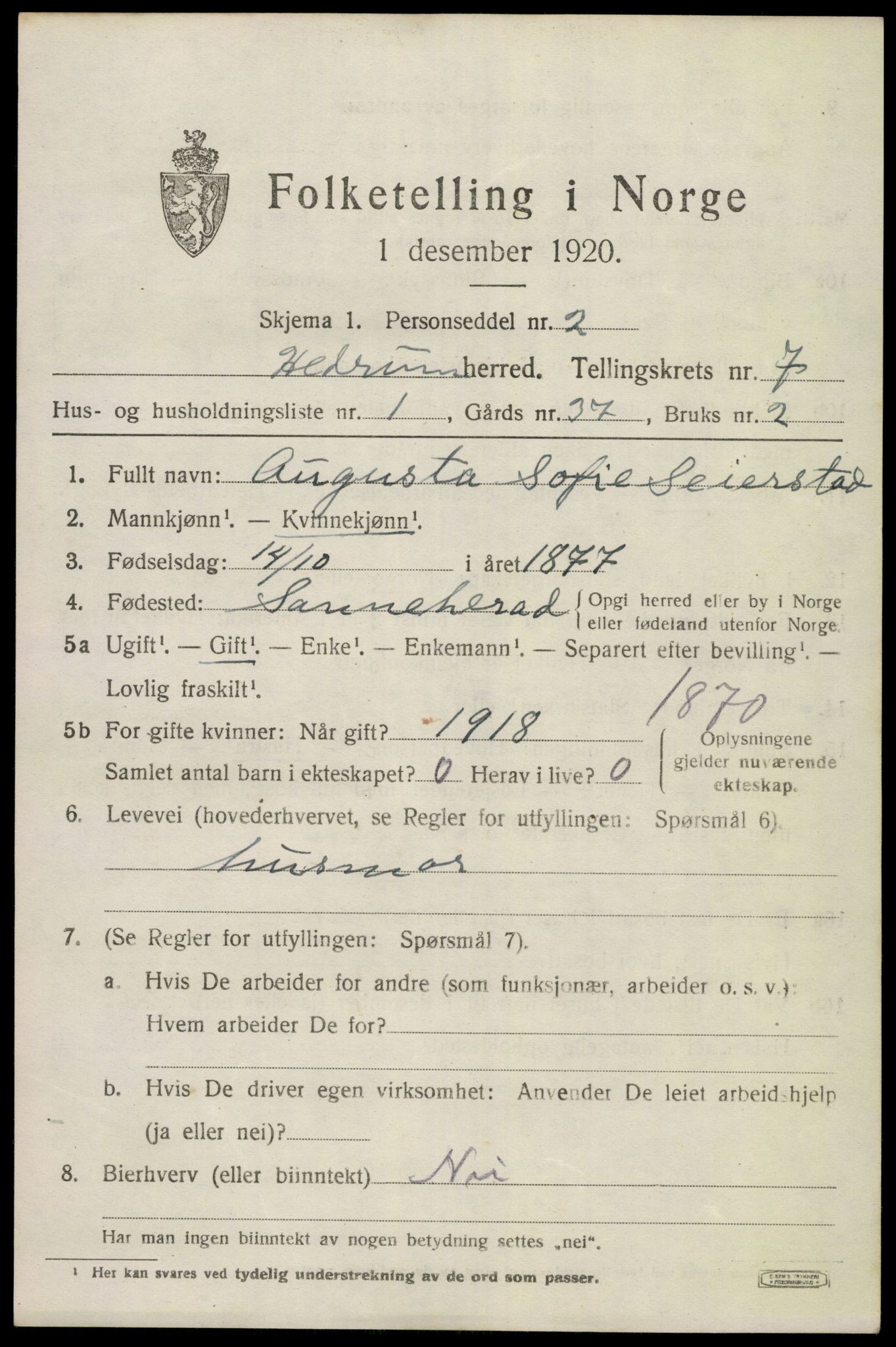 SAKO, 1920 census for Hedrum, 1920, p. 5705