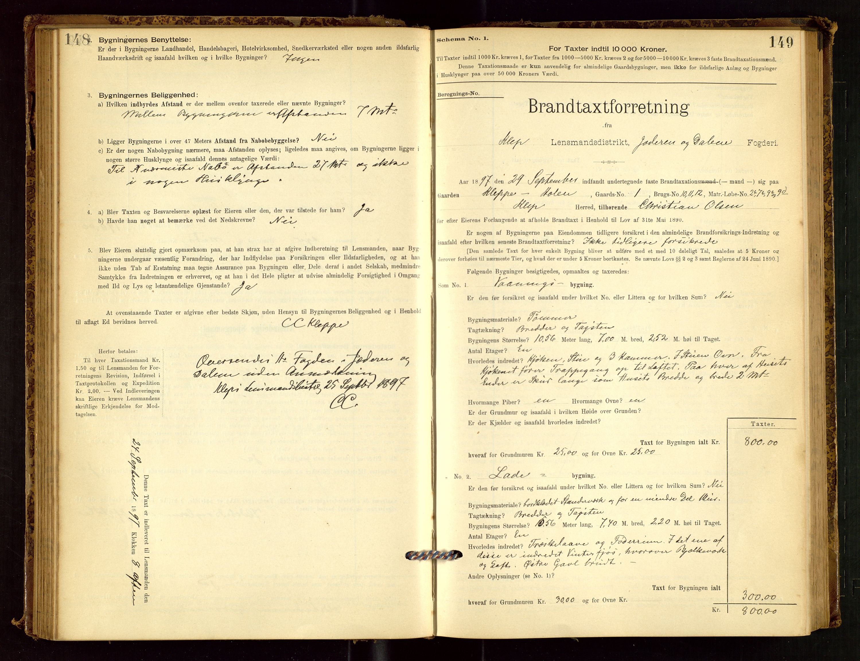 Klepp lensmannskontor, AV/SAST-A-100163/Goc/L0001: "Brandtaxationsprotokol" m/register, 1895-1898, p. 148-149