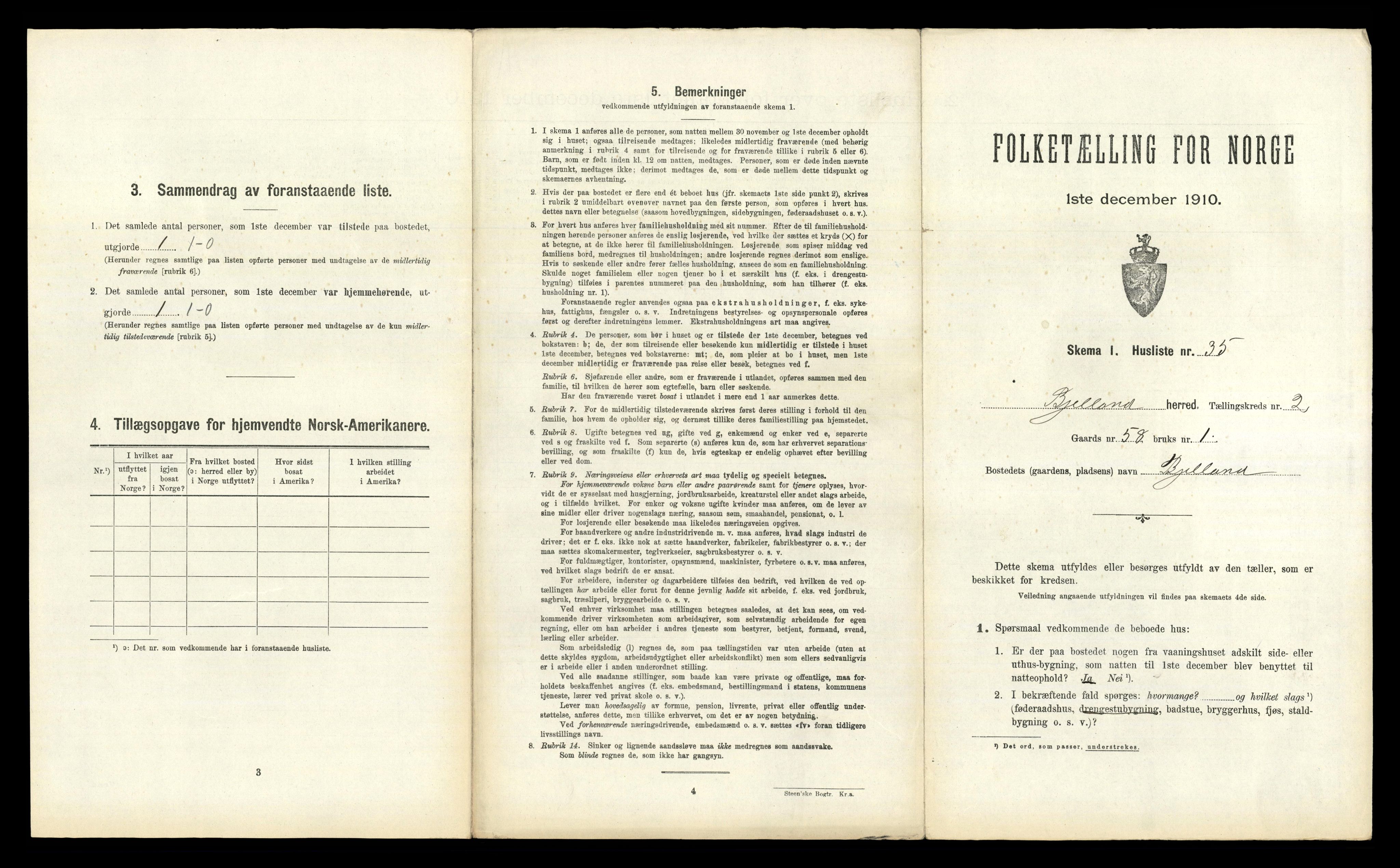RA, 1910 census for Bjelland, 1910, p. 166