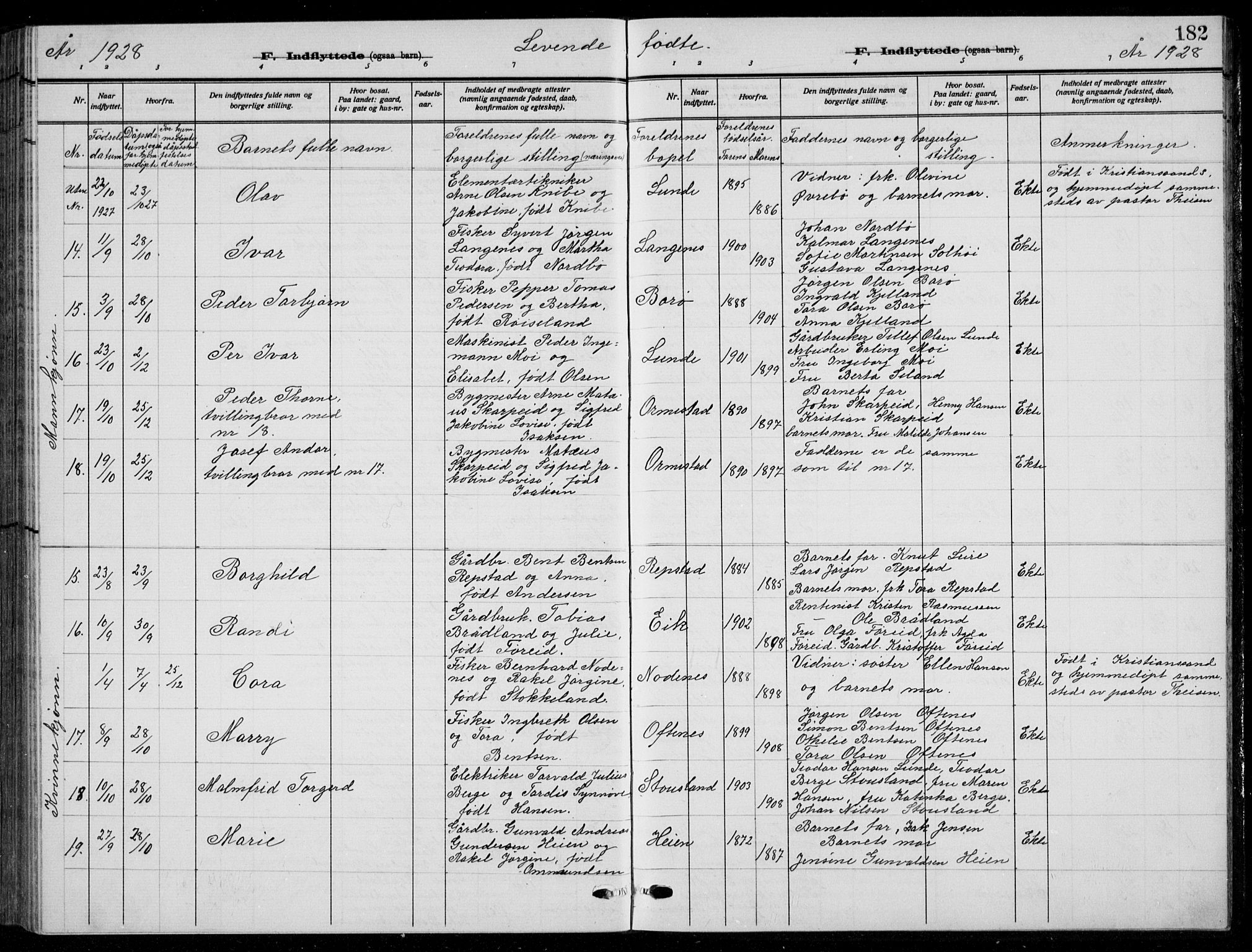 Søgne sokneprestkontor, SAK/1111-0037/F/Fb/Fbb/L0007: Parish register (copy) no. B 7, 1912-1931, p. 182