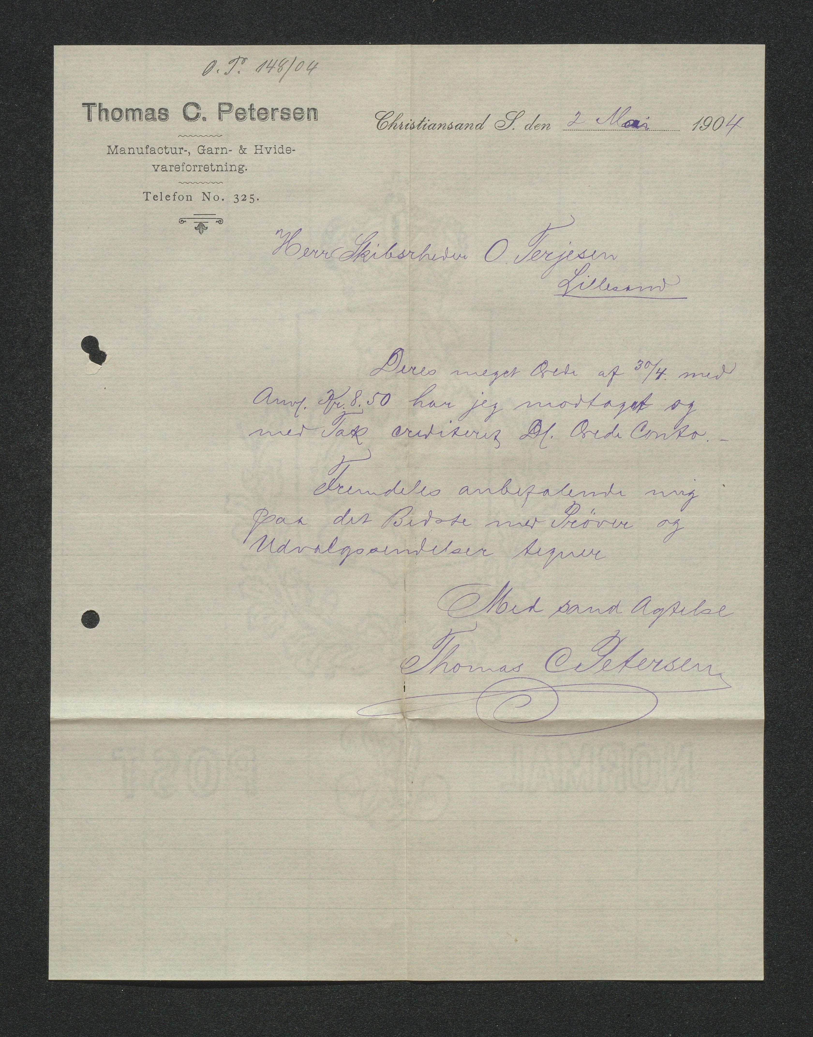 O. Terjesens rederi, AAKS/PA-2525/E/E01/L0013: Korrespondanse, 1904-1905