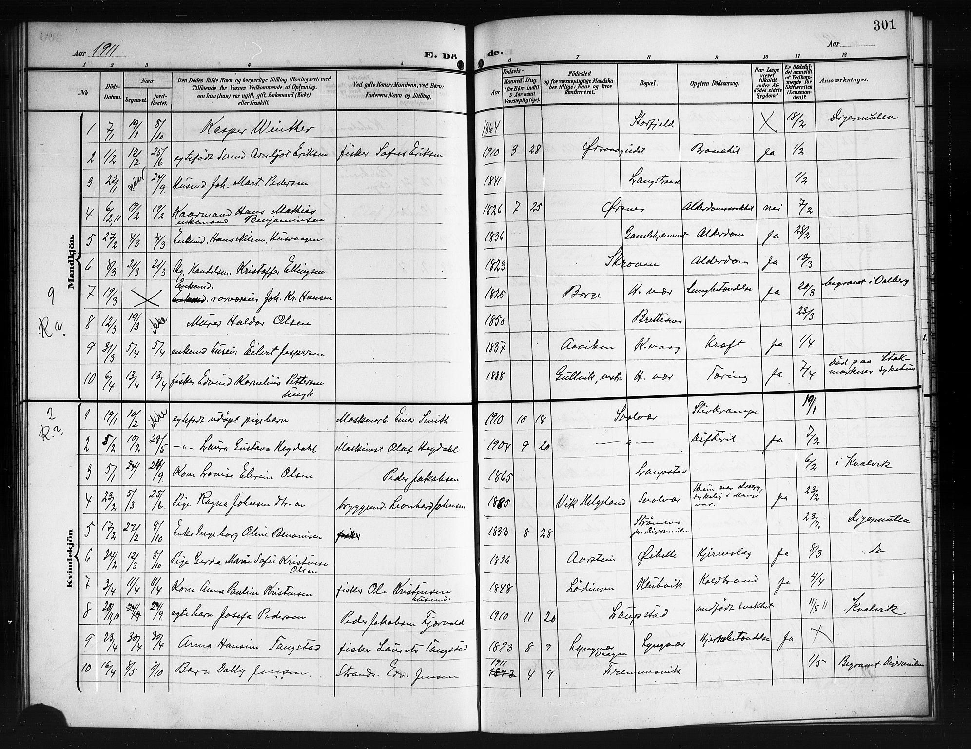 Ministerialprotokoller, klokkerbøker og fødselsregistre - Nordland, SAT/A-1459/874/L1079: Parish register (copy) no. 874C08, 1907-1915, p. 301