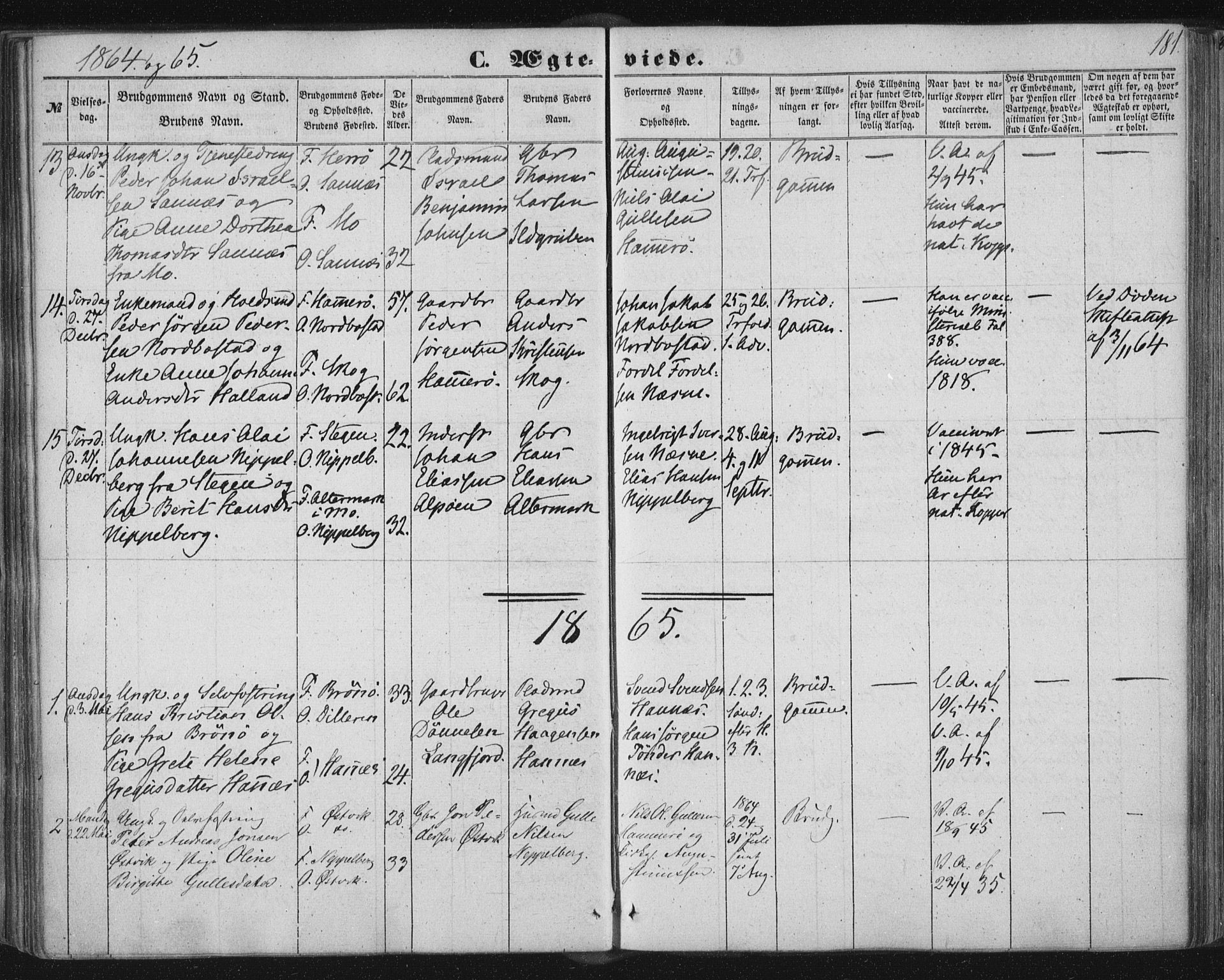 Ministerialprotokoller, klokkerbøker og fødselsregistre - Nordland, AV/SAT-A-1459/838/L0550: Parish register (official) no. 838A08, 1855-1865, p. 181