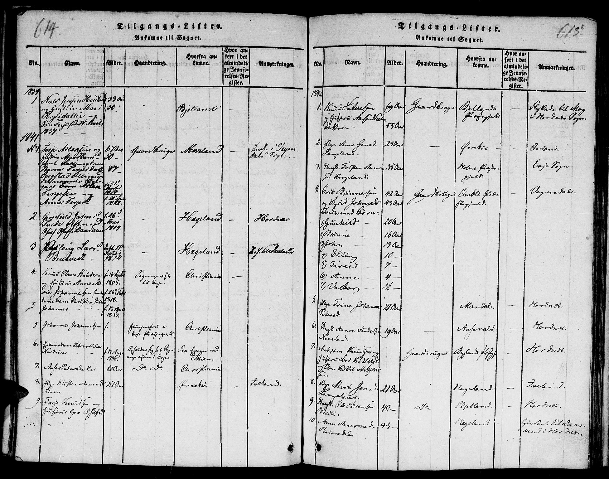 Evje sokneprestkontor, AV/SAK-1111-0008/F/Fb/Fba/L0001: Parish register (copy) no. B 1, 1816-1842, p. 614-615