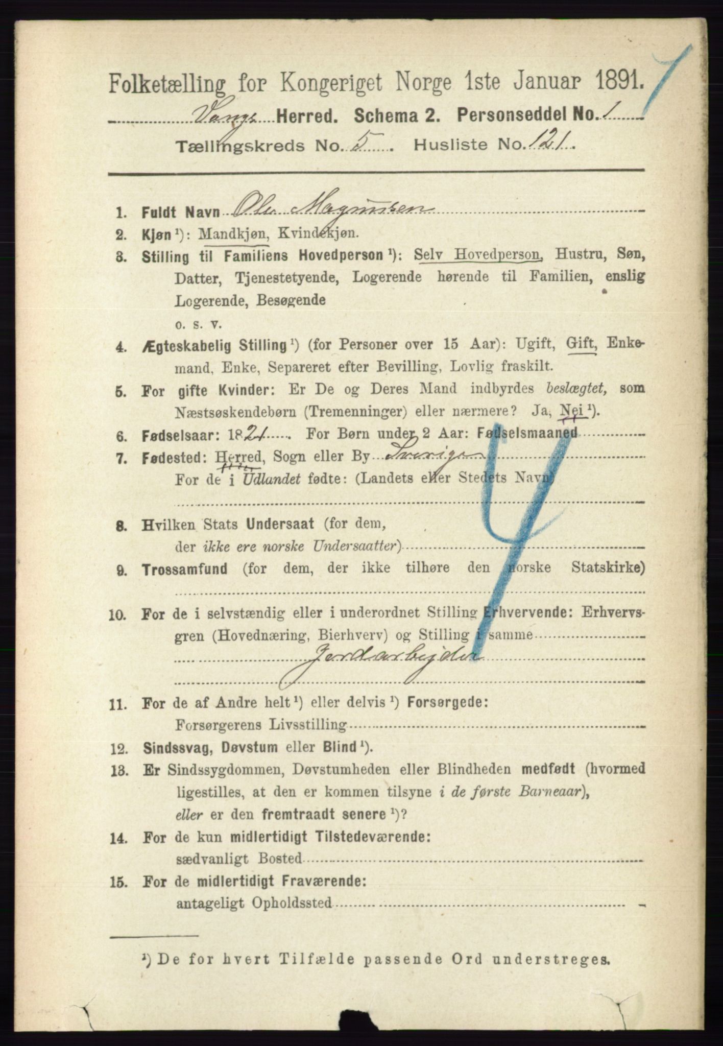 RA, 1891 census for 0414 Vang, 1891, p. 4156