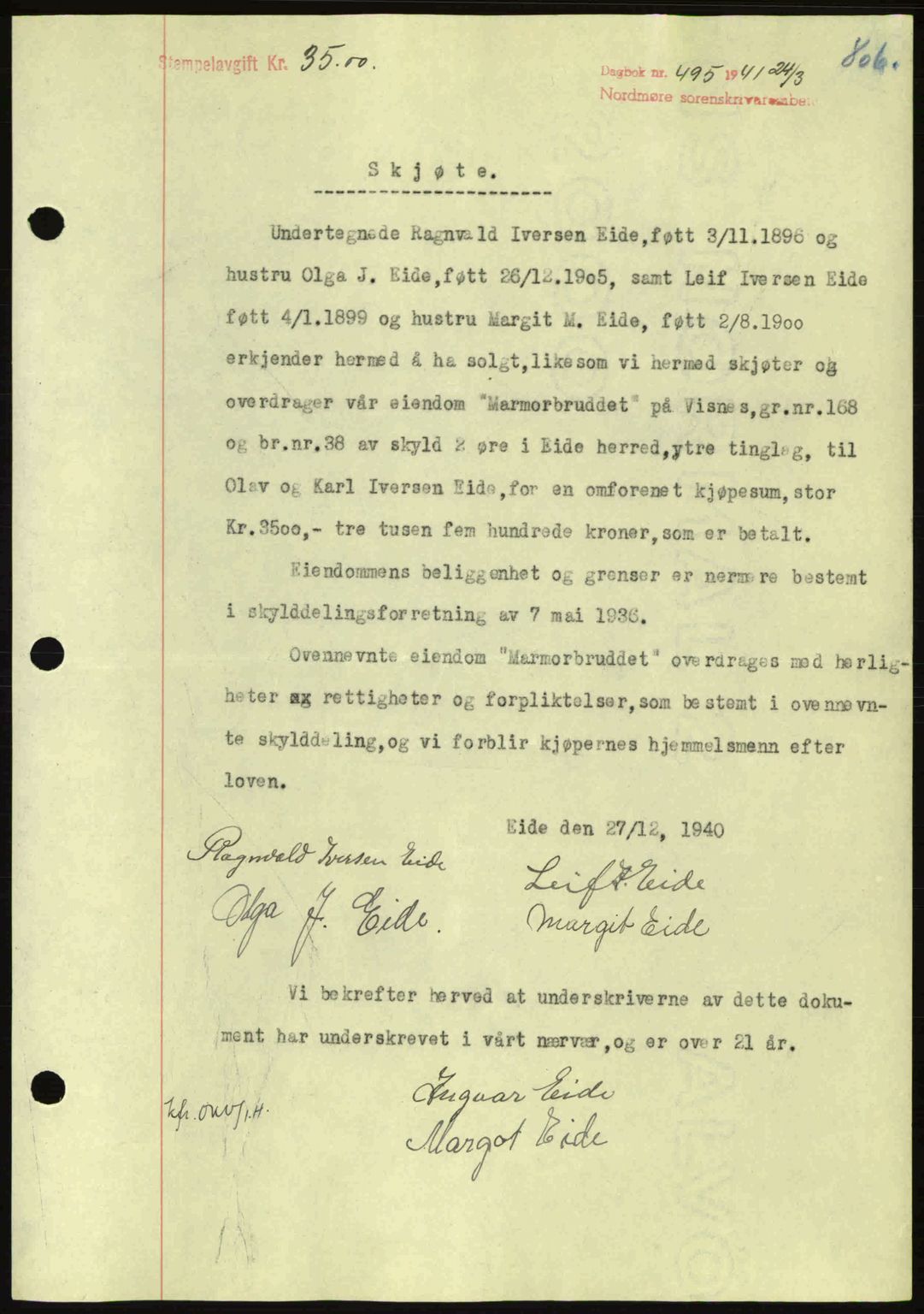Nordmøre sorenskriveri, SAT/A-4132/1/2/2Ca: Mortgage book no. A89, 1940-1941, Diary no: : 495/1941
