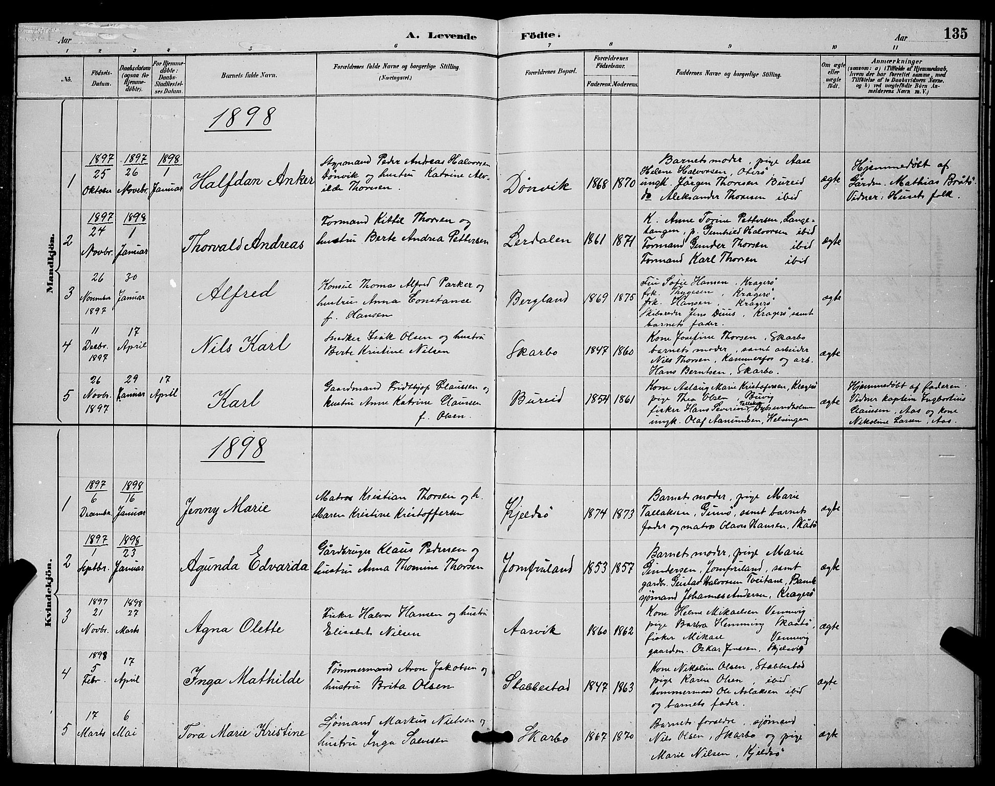 Skåtøy kirkebøker, SAKO/A-304/G/Ga/L0003: Parish register (copy) no. I 3, 1884-1898, p. 135