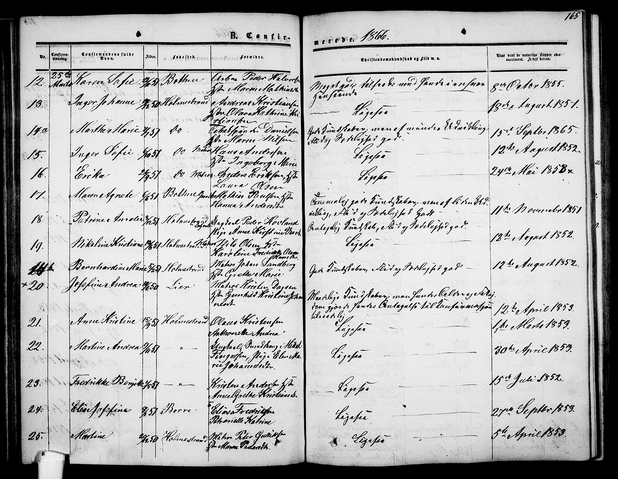 Holmestrand kirkebøker, AV/SAKO-A-346/G/Ga/L0003: Parish register (copy) no. 3, 1849-1874, p. 165