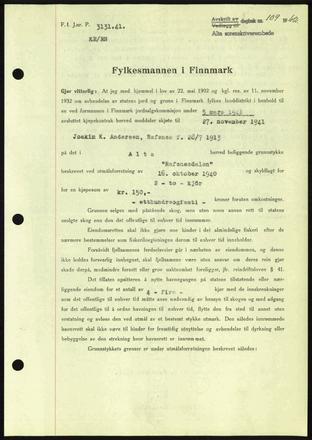 Alta fogderi/sorenskriveri, SATØ/SATØ-5/1/K/Kd/L0033pantebok: Mortgage book no. 33, 1940-1943, Diary no: : 109/1942