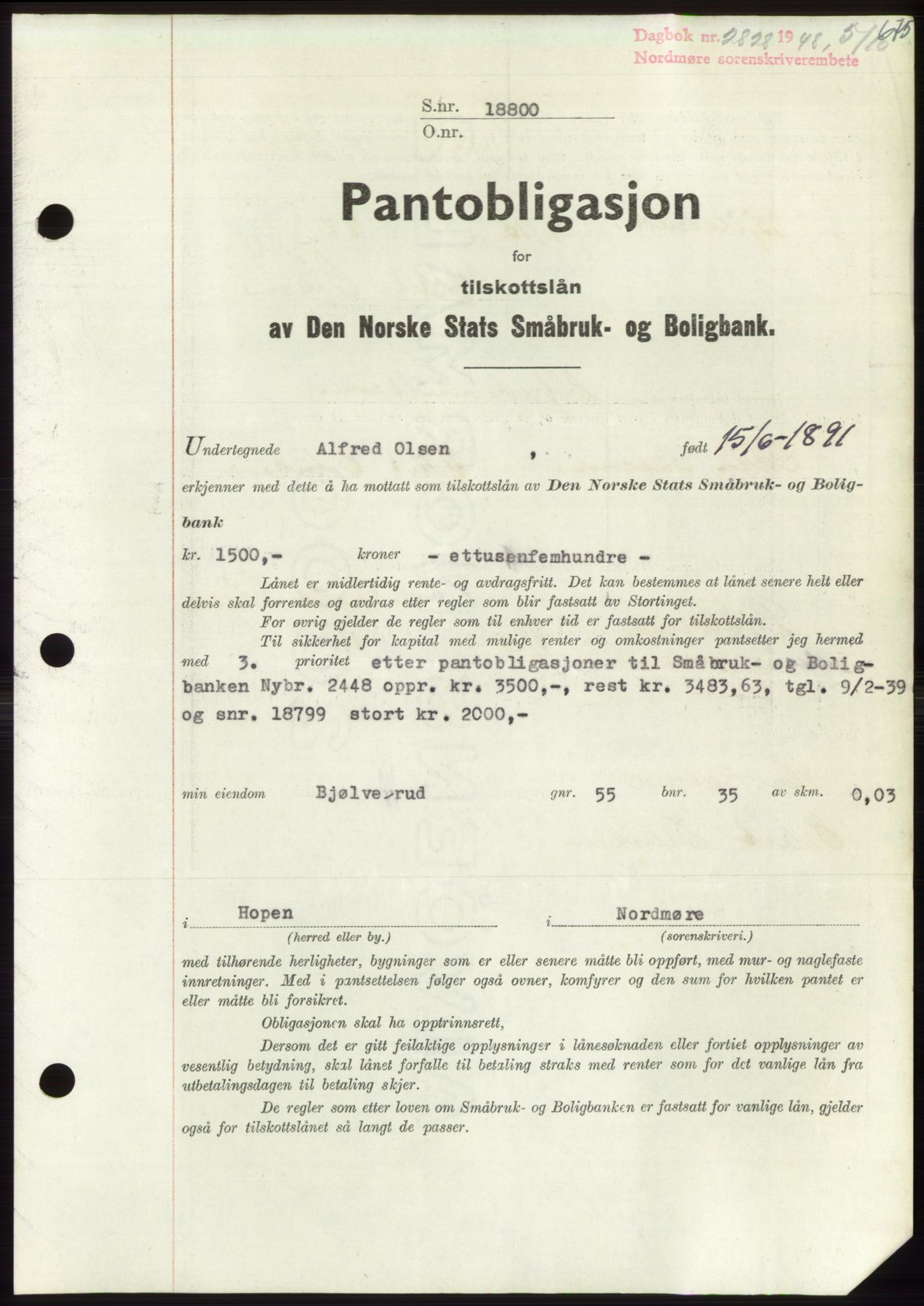 Nordmøre sorenskriveri, AV/SAT-A-4132/1/2/2Ca: Mortgage book no. B99, 1948-1948, Diary no: : 2828/1948