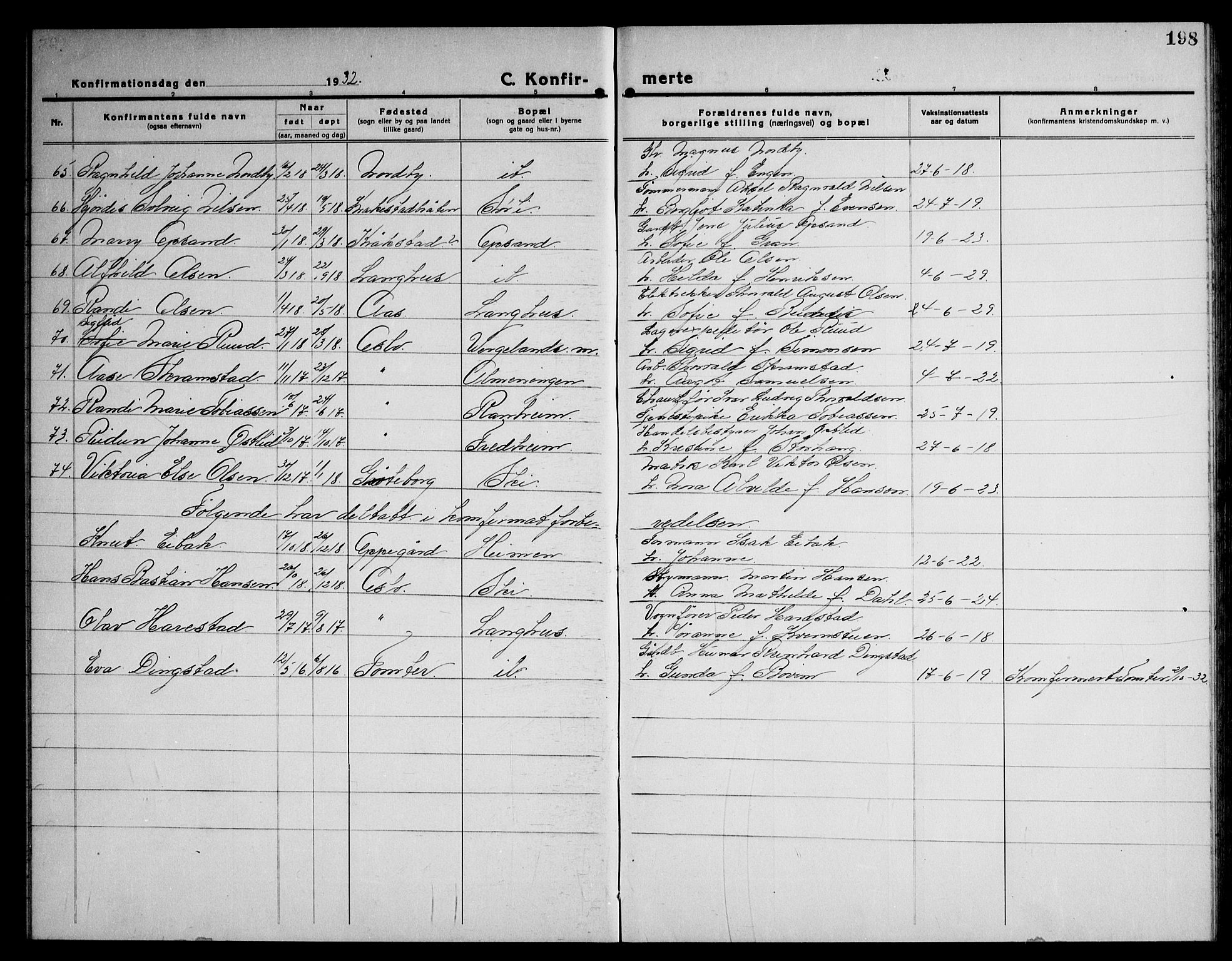 Kråkstad prestekontor Kirkebøker, SAO/A-10125a/G/Gb/L0002: Parish register (copy) no. II 2, 1921-1941, p. 198