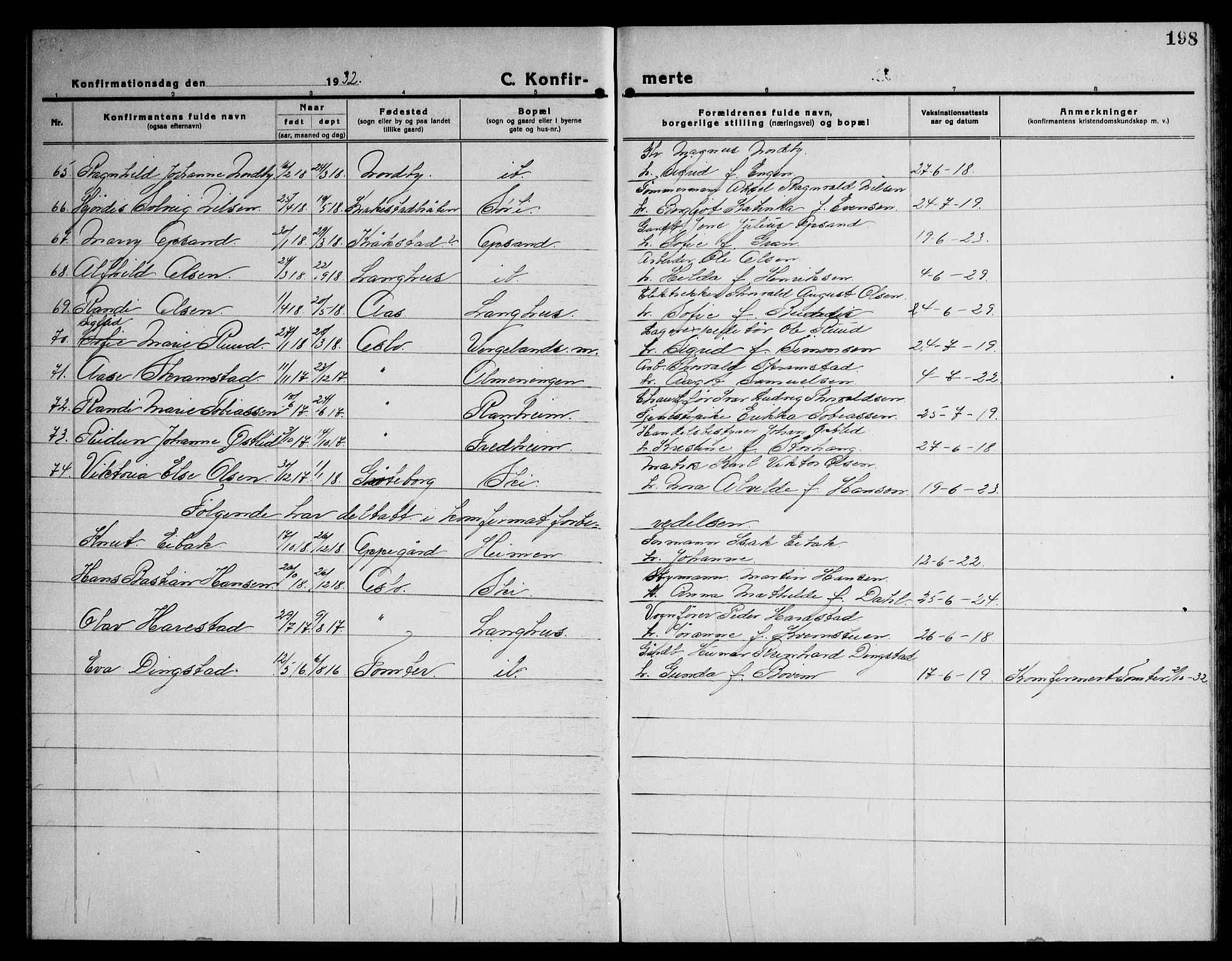 Kråkstad prestekontor Kirkebøker, AV/SAO-A-10125a/G/Gb/L0002: Parish register (copy) no. II 2, 1921-1941, p. 198