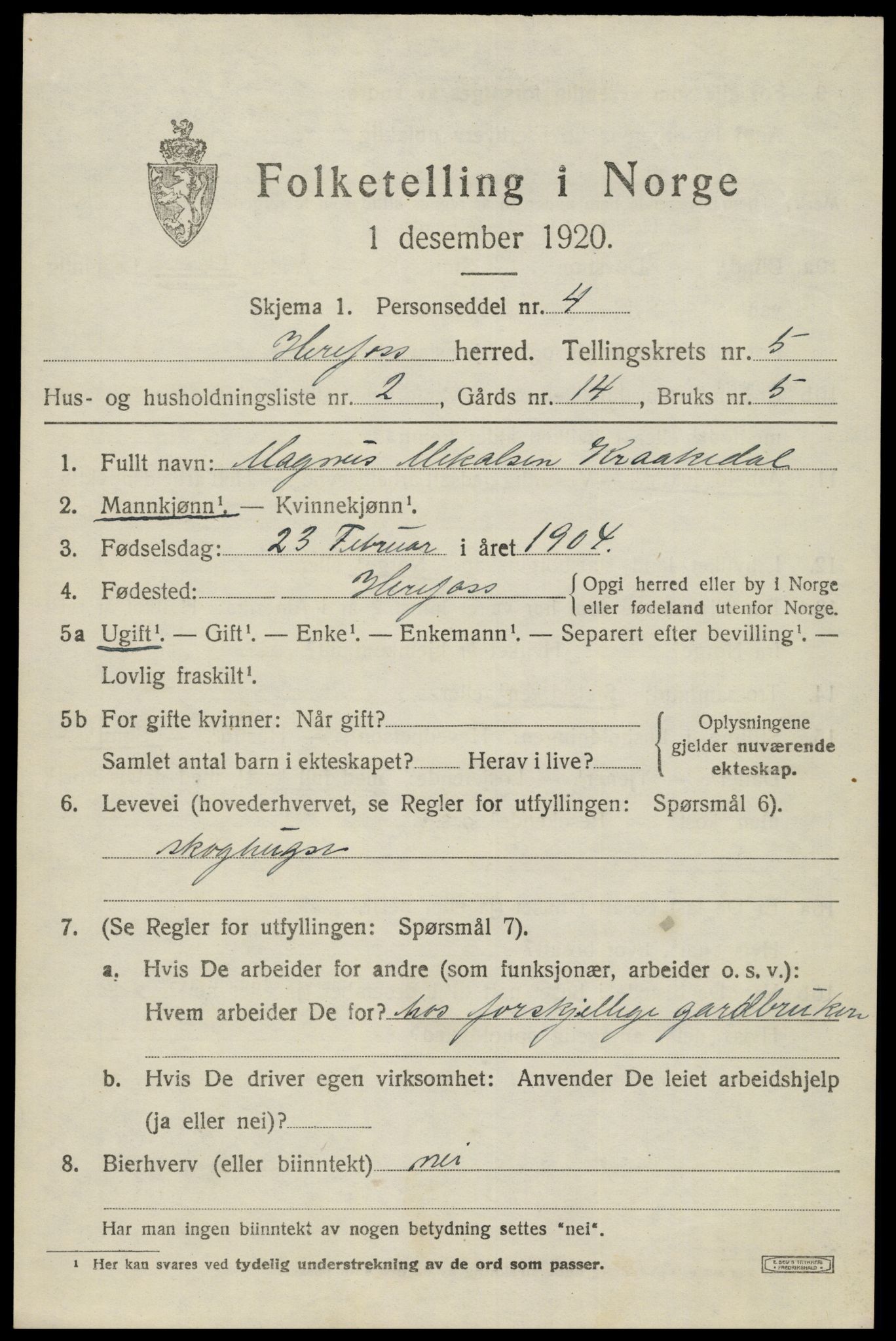 SAK, 1920 census for Herefoss, 1920, p. 934