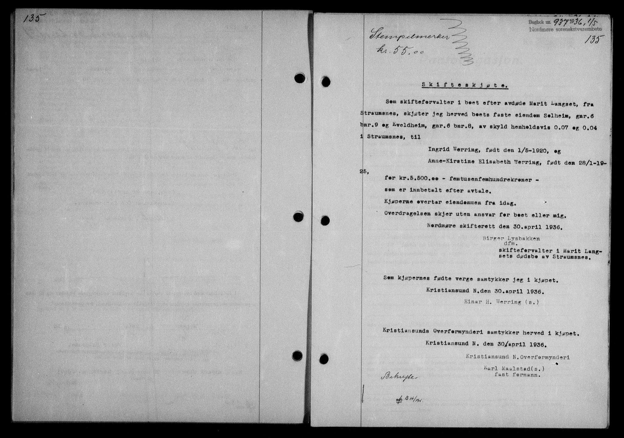 Nordmøre sorenskriveri, AV/SAT-A-4132/1/2/2Ca/L0088: Mortgage book no. 78, 1936-1936, Diary no: : 937/1936