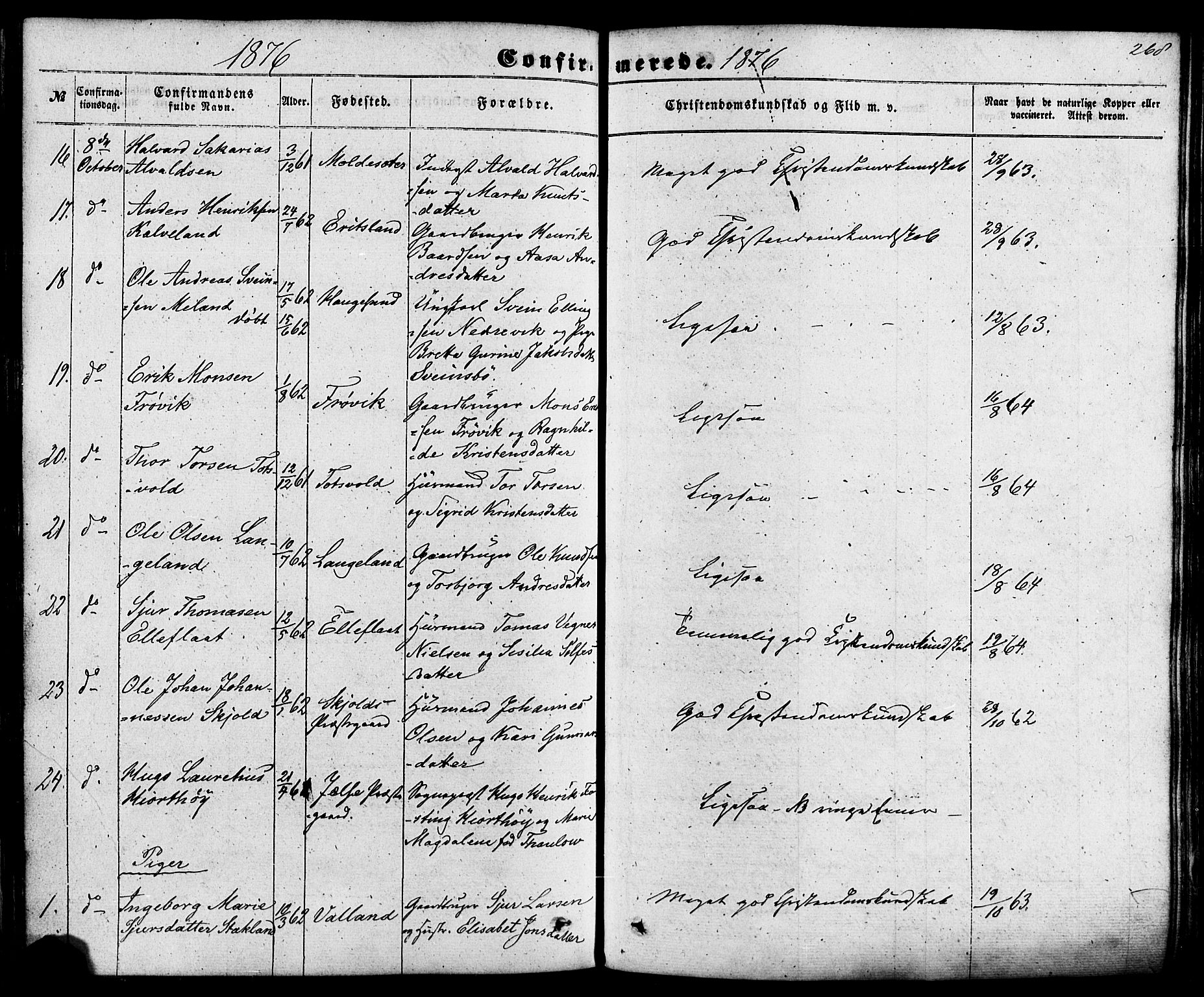 Skjold sokneprestkontor, AV/SAST-A-101847/H/Ha/Haa/L0008: Parish register (official) no. A 8, 1856-1882, p. 268