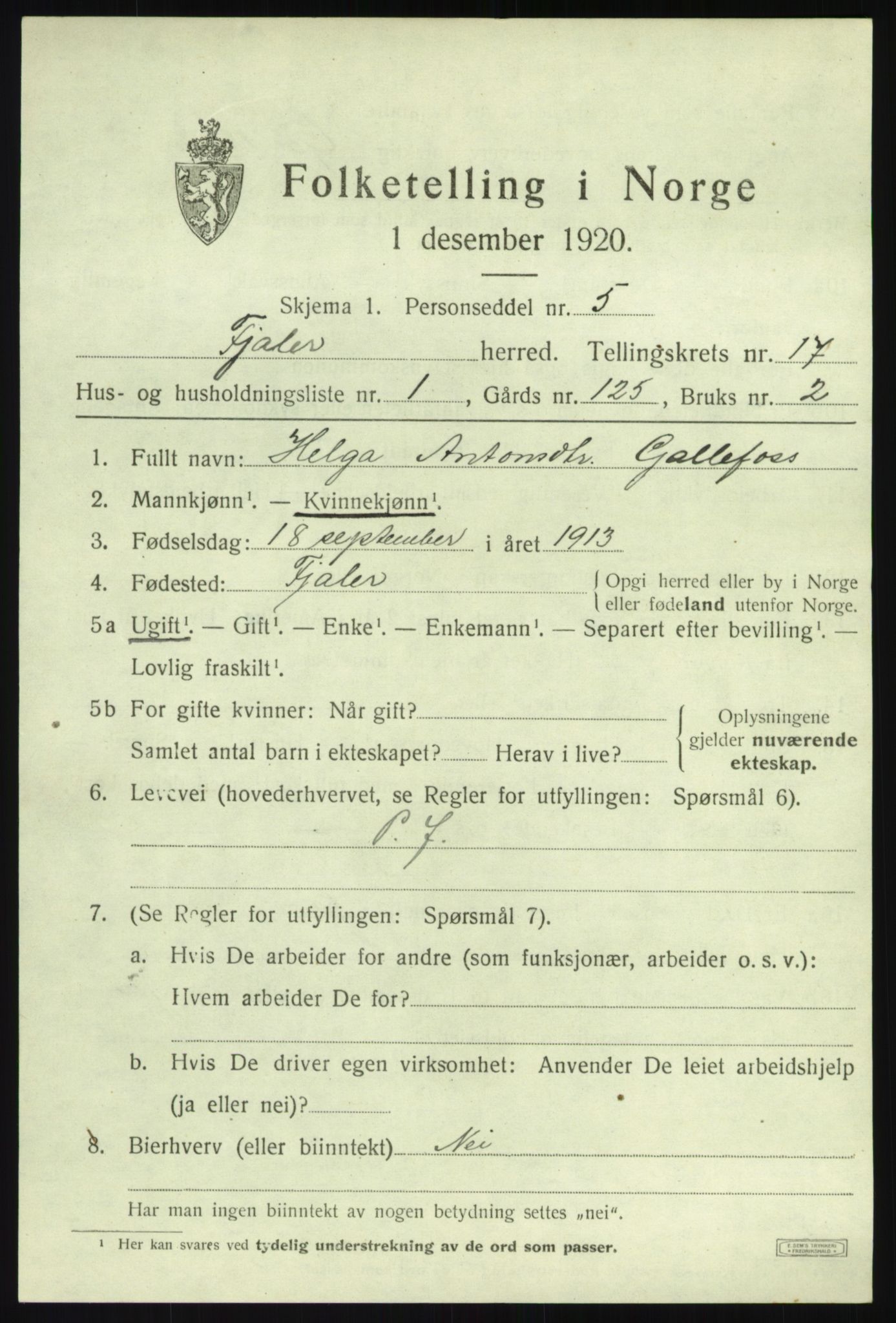 SAB, 1920 census for Fjaler, 1920, p. 8701